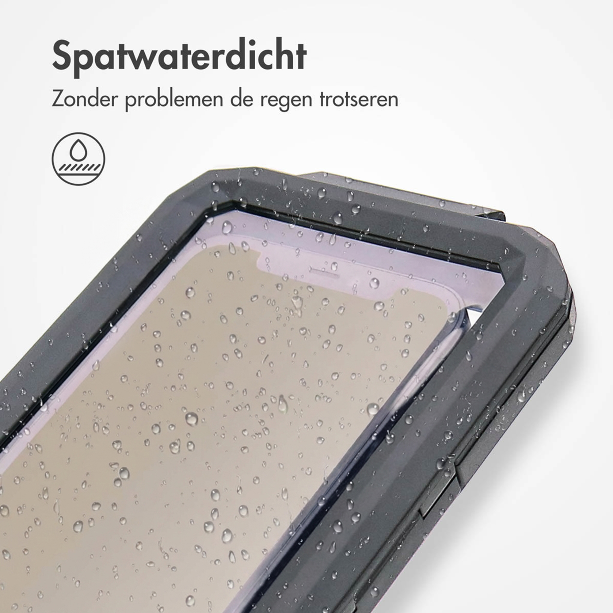 Waterproof phone case with raindrops on the screen.