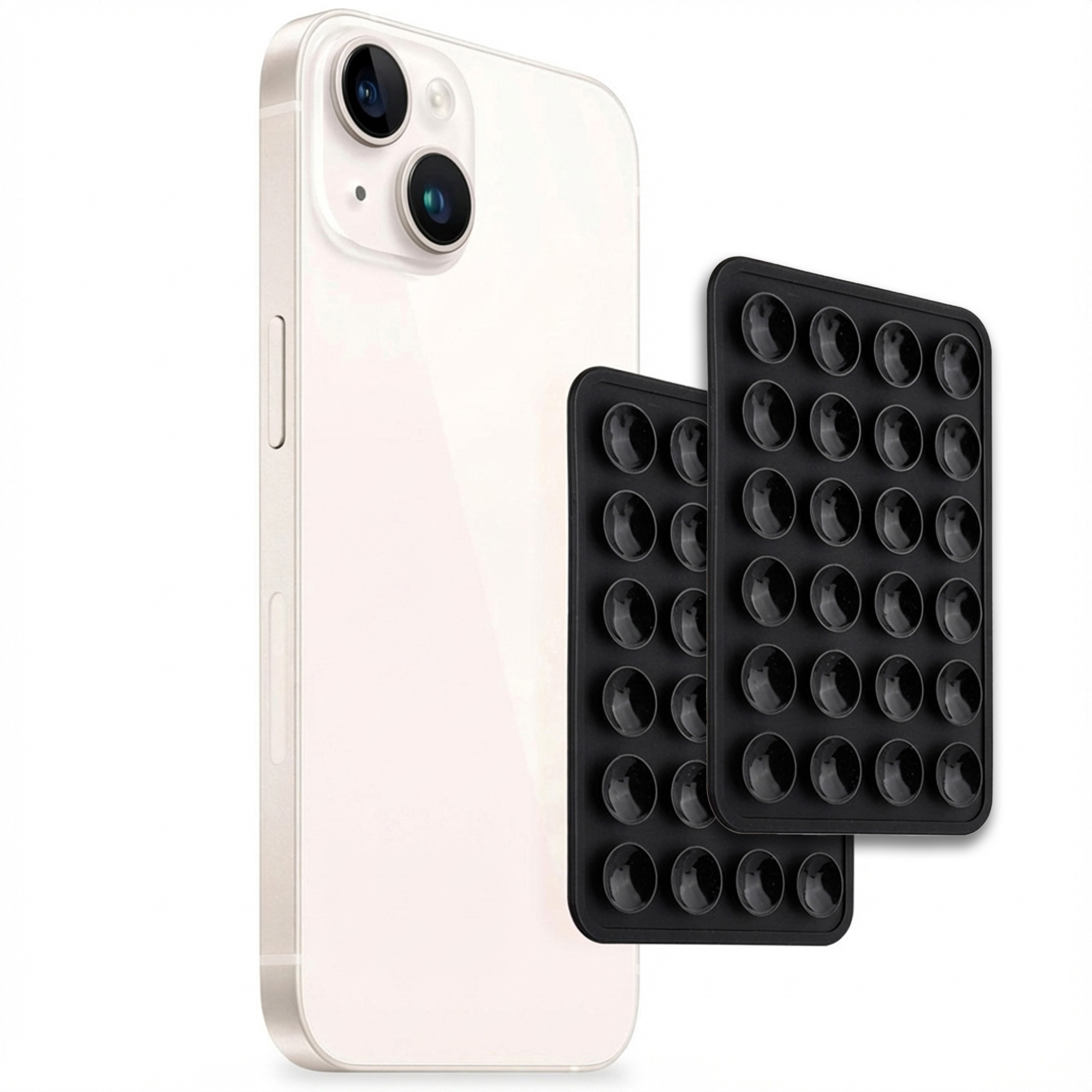 Een lichtgekleurde smartphone naast twee zwarte zuignapmatten.