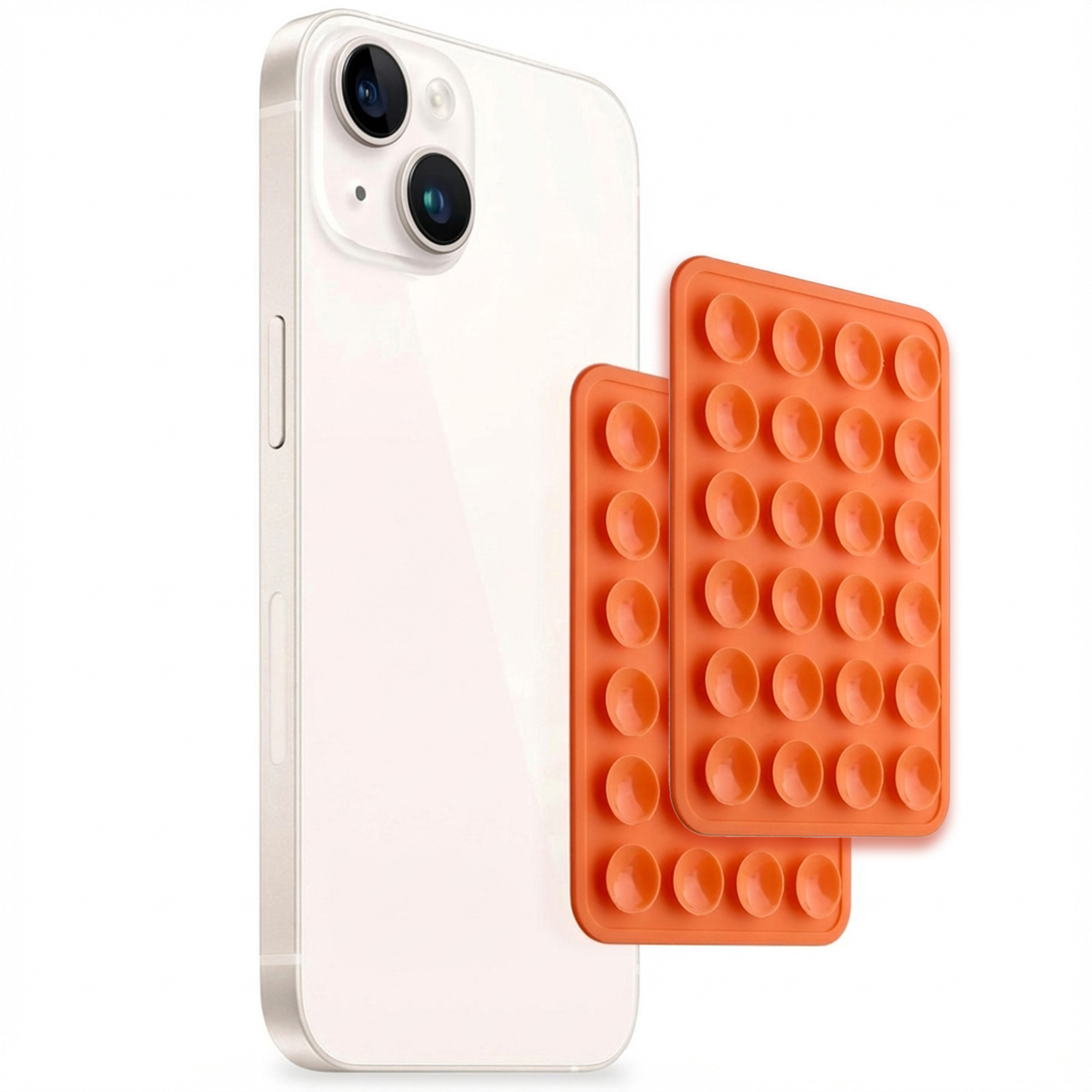 Een witte iPhone met twee oranje zuignapjes op de achterkant.