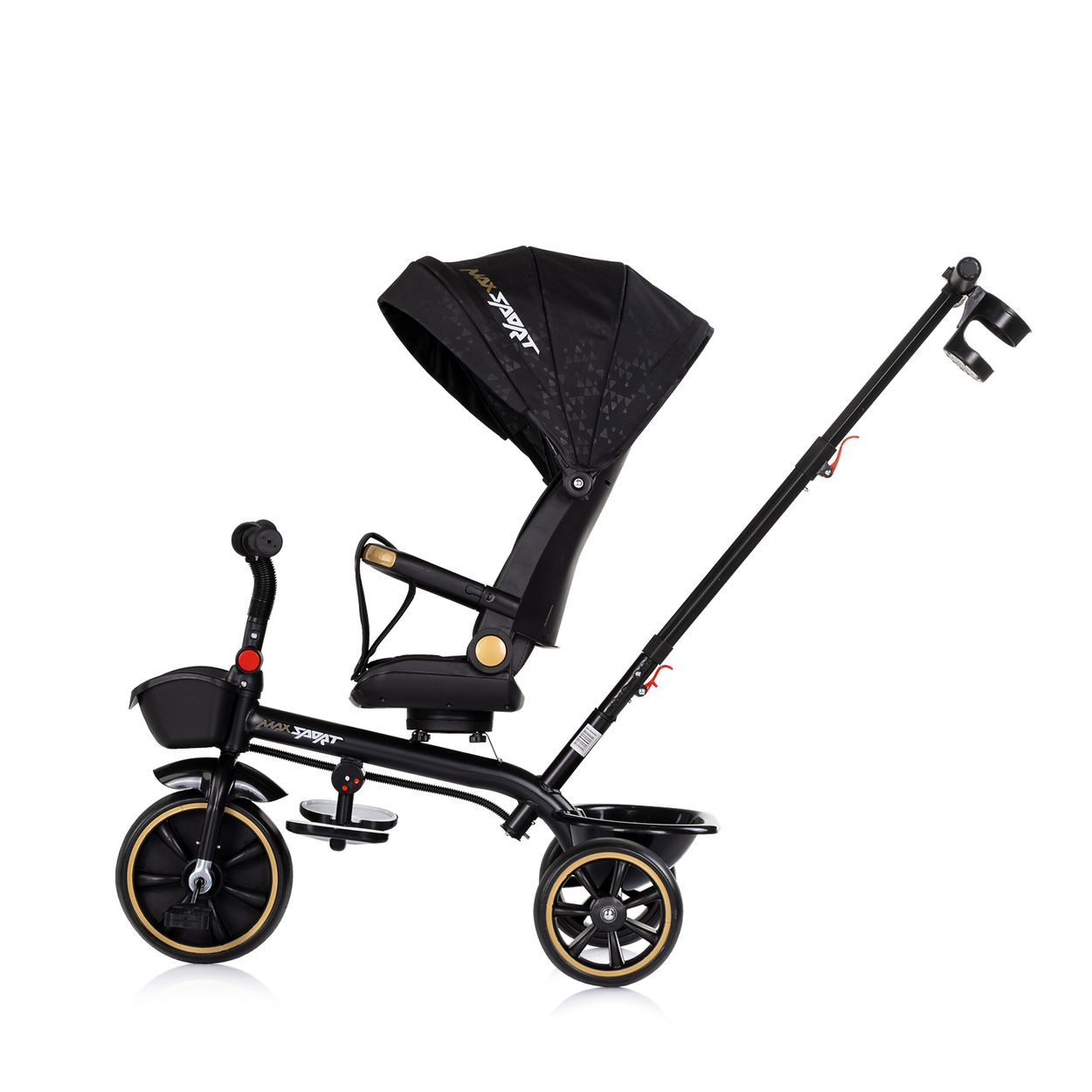 Ein schwarzer Dreirad-Kinderwagen mit Verdeck, Sitz und Schiebestange.