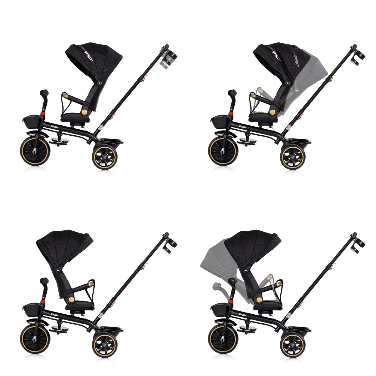 Ein schwarzer Dreirad-Kinderwagen mit Baldachin und Griffen in verschiedenen Positionen.