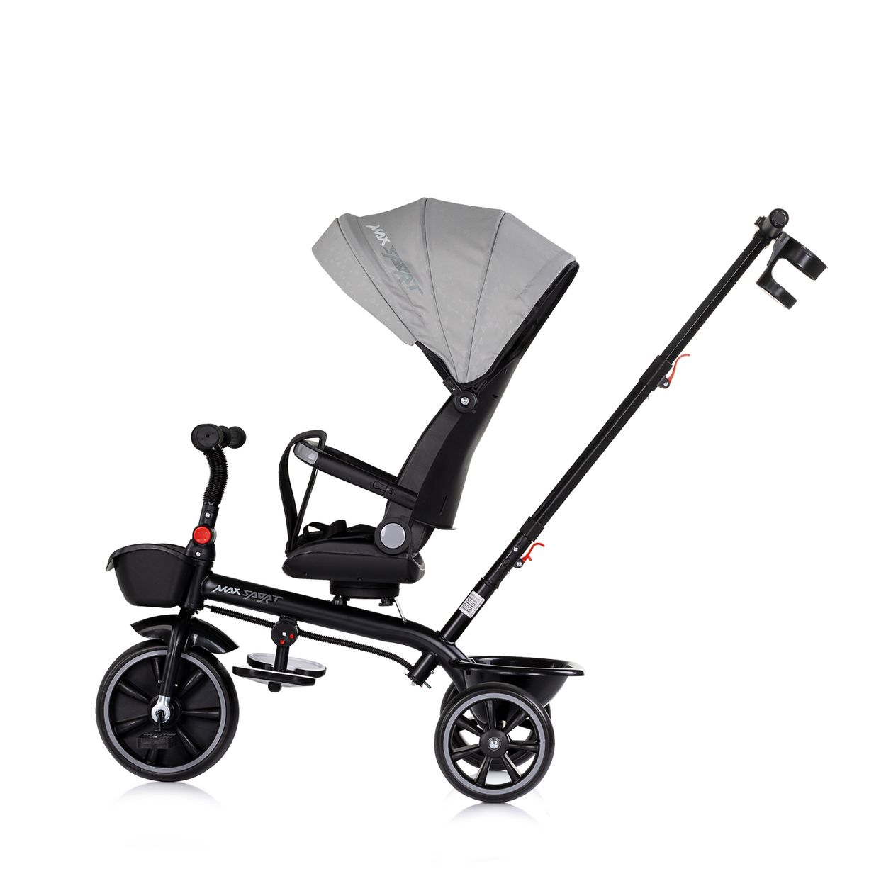 Ein schwarzer Dreirad-Kinderwagen mit grauem Verdeck und Sitz, auf weißem Hintergrund.