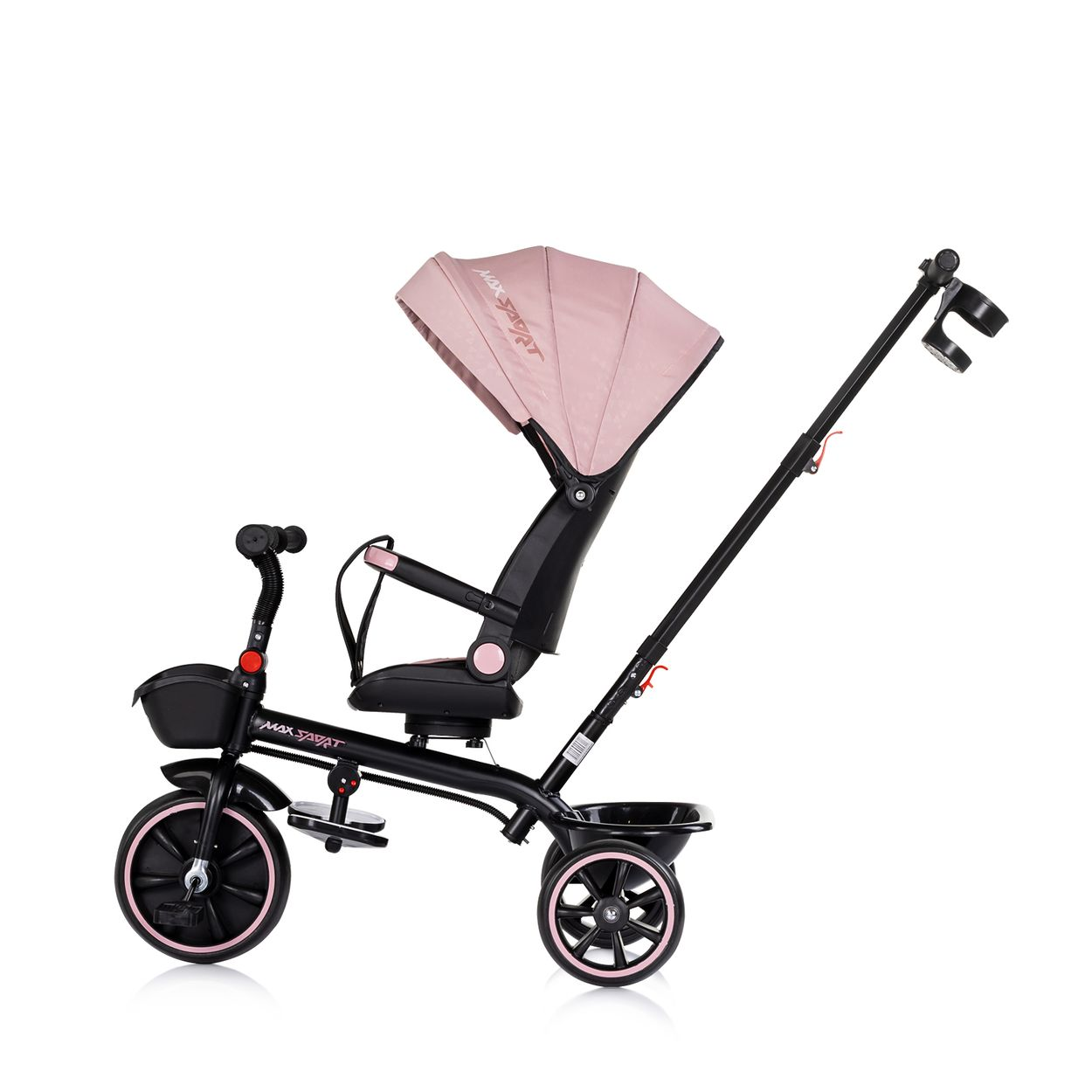 Ein rosafarbener Kinderdreirad mit schwarzen Rahmen, Verdeck und Lenker.