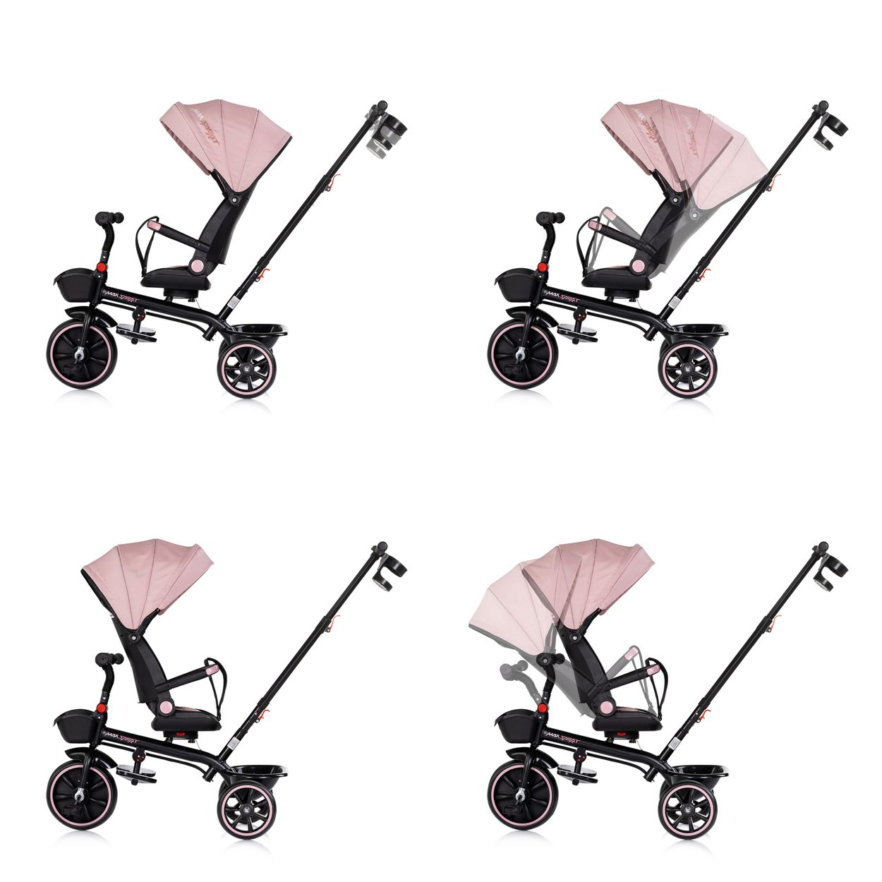 Rosa Dreirad für Babys mit Verdeck und Elternlenker auf weißem Grund.