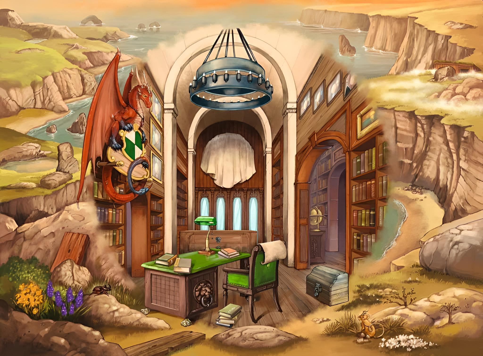 Una scena fantasy con drago, biblioteca, scrivania e scogliere costiere.