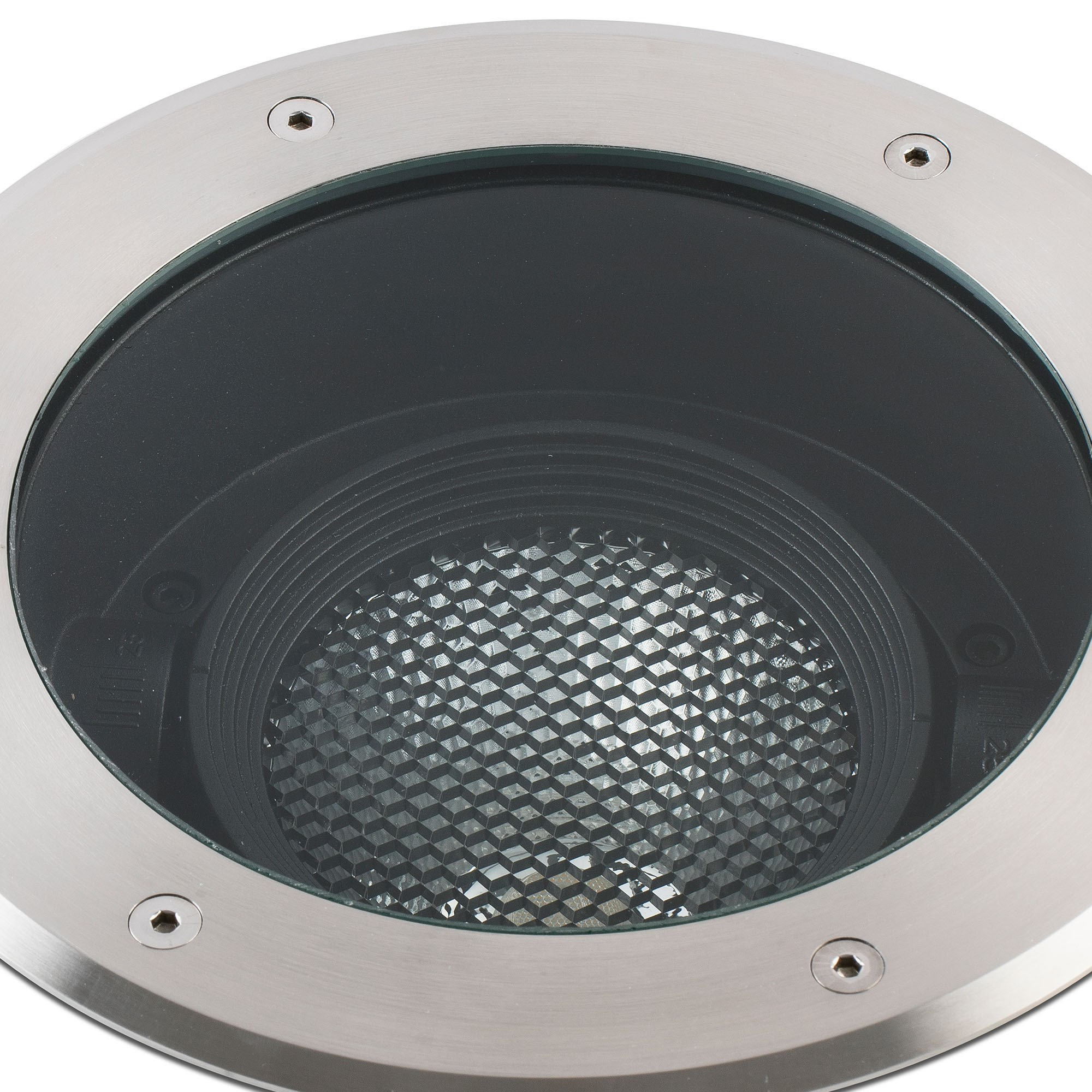 Una lampada rotonda da incasso con vetro e cornice in metallo.