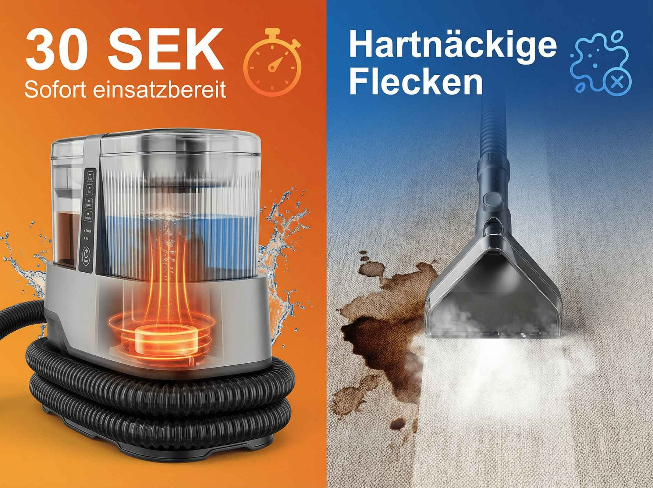 Gerät mit 30 Sek. Einsatzbereitschaft reinigt hartnäckige Flecken auf Teppich.