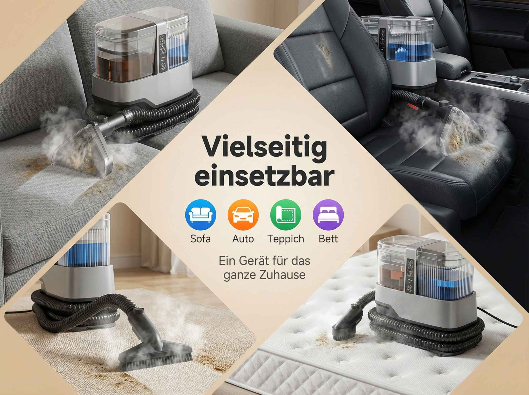 Ein Gerät reinigt Sofa, Auto, Teppich und Bett.