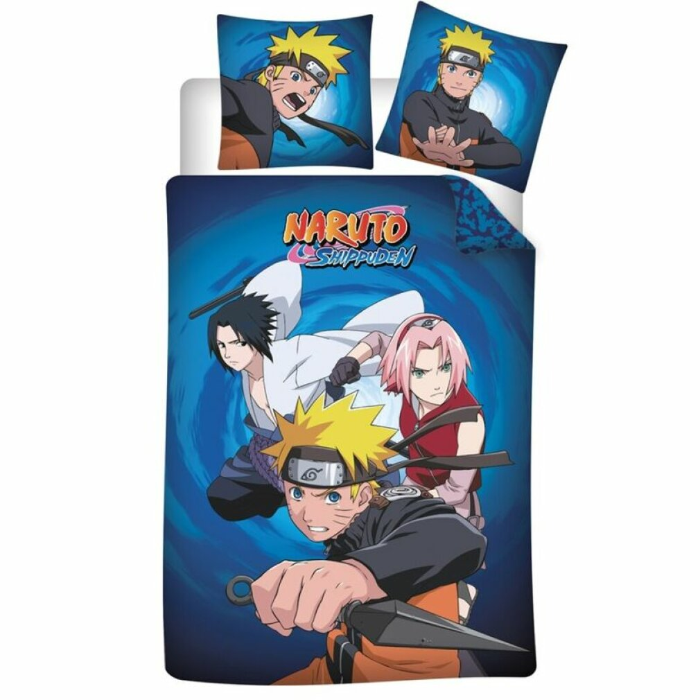 Naruto, Sasuke y Sakura sobre fondo azul con remolinos y logo de Naruto.