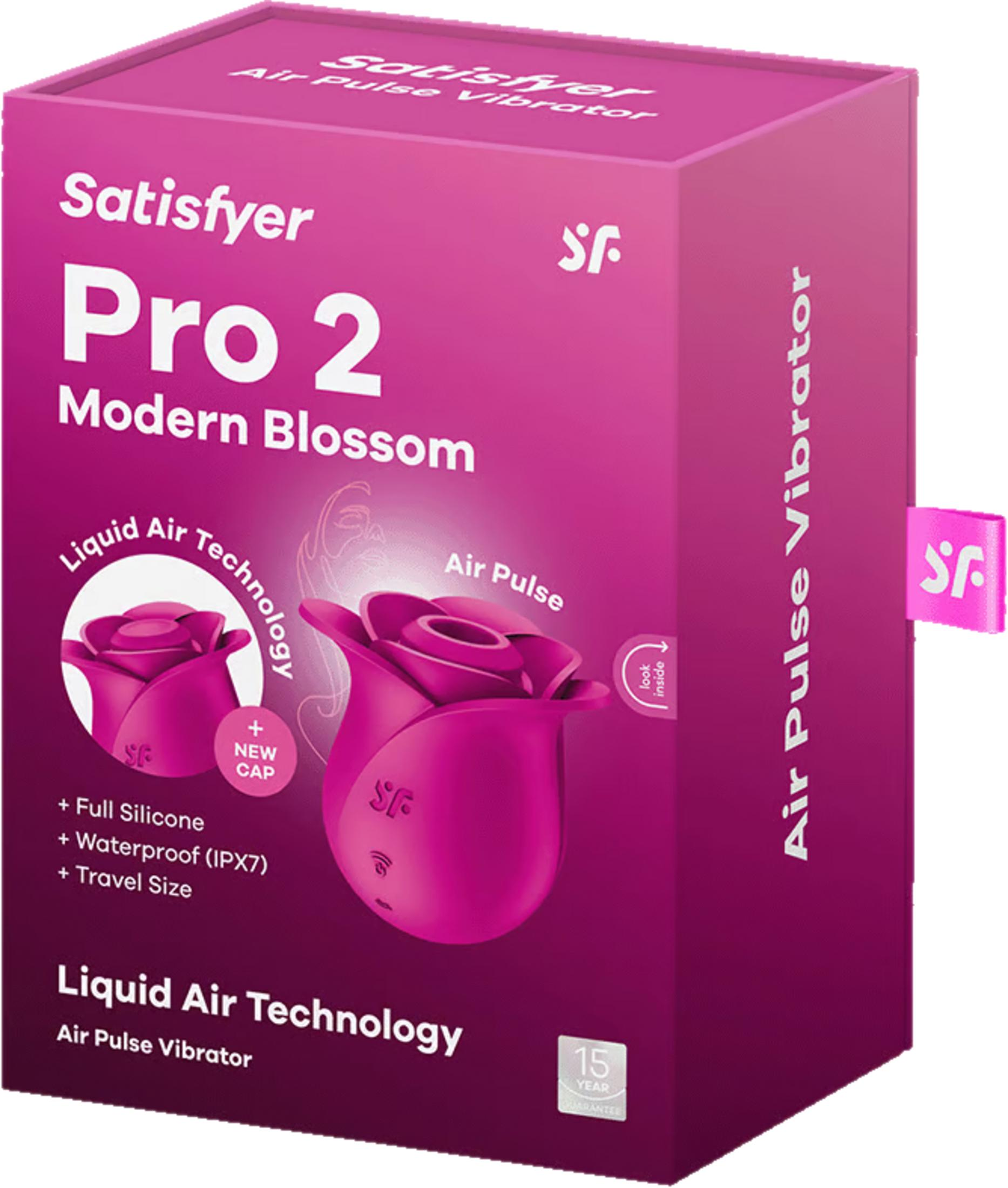Caja rosa Satisfyer Pro 2 con diseño de rosa, texto "Liquid Air Technology" y "Air Pulse Vibrator".