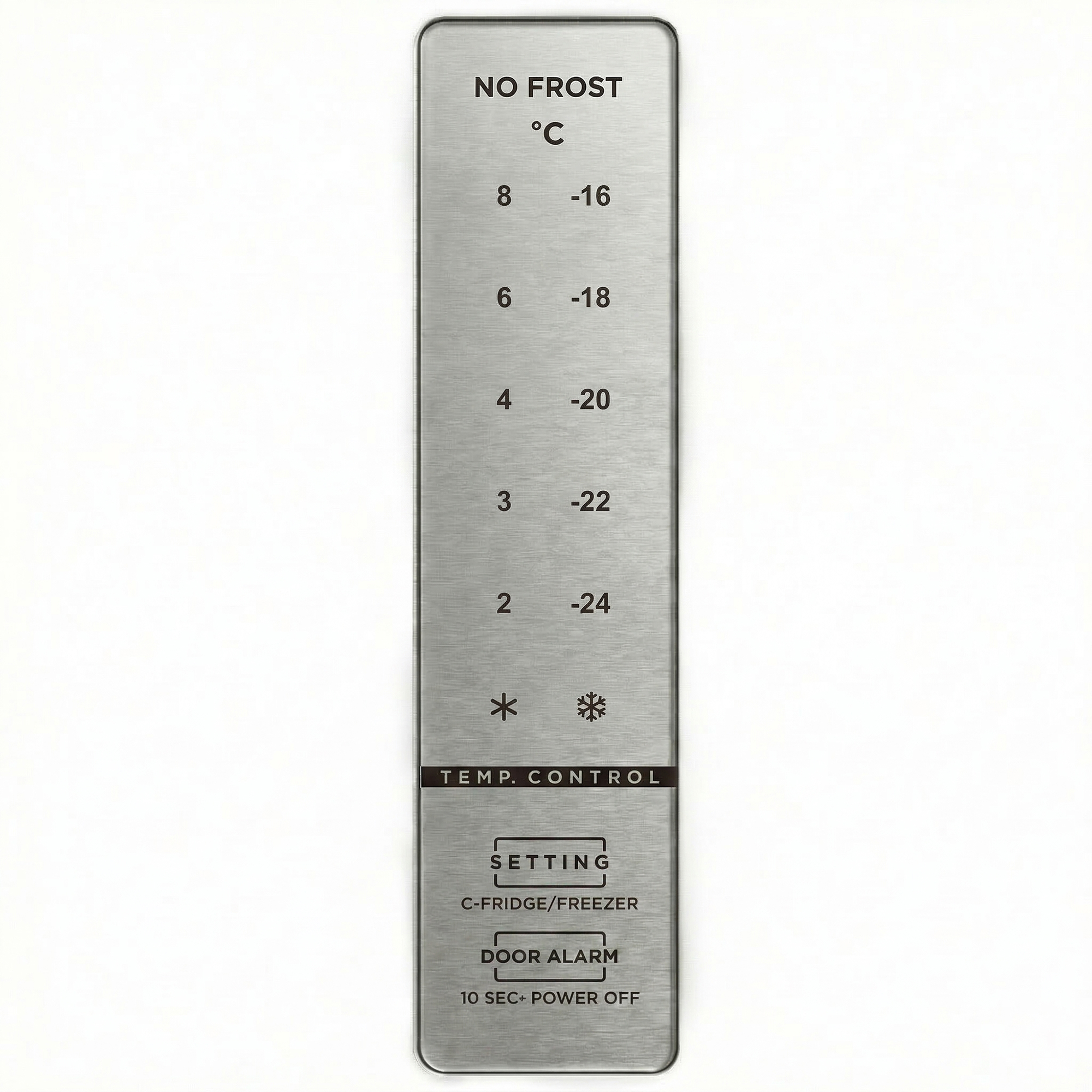 Gefrierschrank-Bedienfeld mit Temperaturregelung und 'NO FROST'-Anzeige.