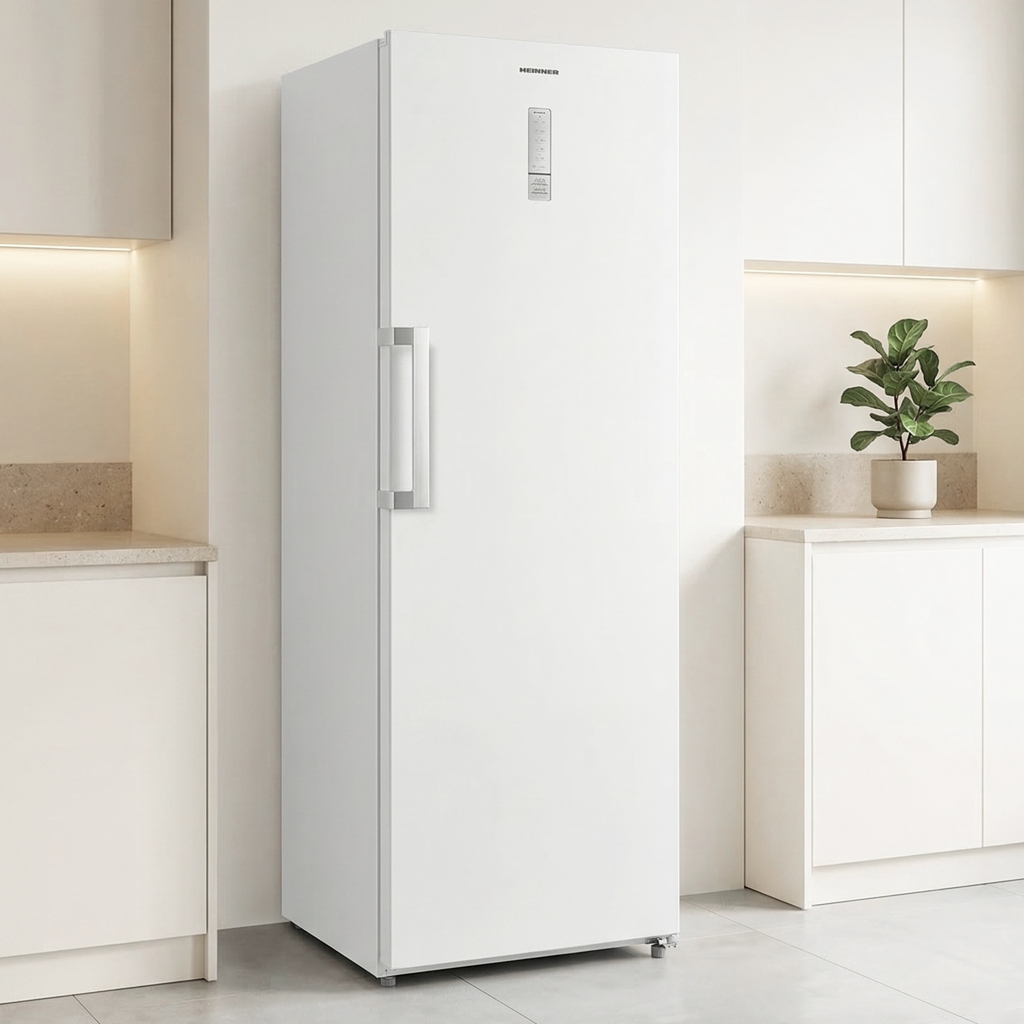 Ein schmaler weißer Kühlschrank steht in einer modernen Küche neben weißen Schränken.