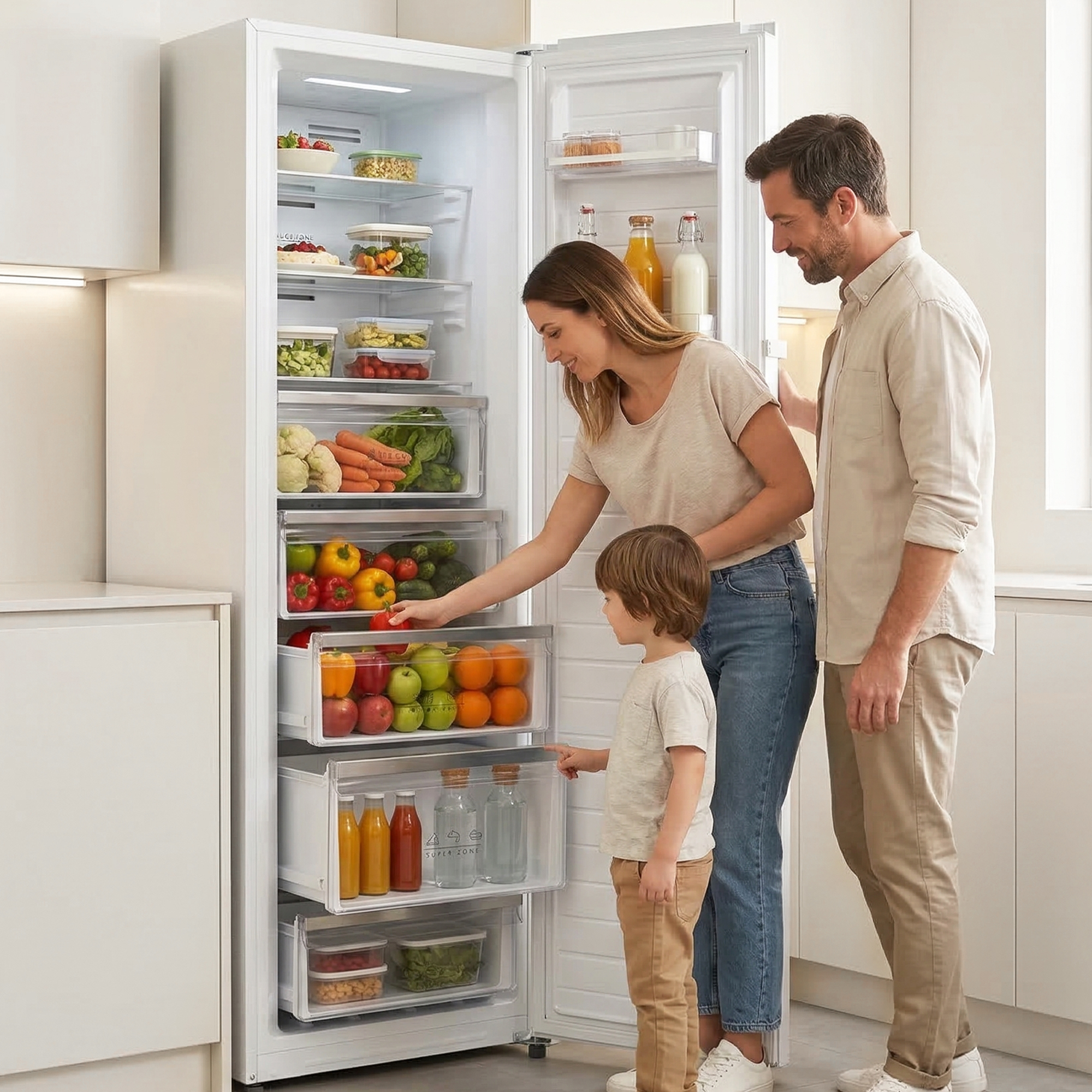 Familie vor einem geöffneten Kühlschrank mit Obst und Gemüse.