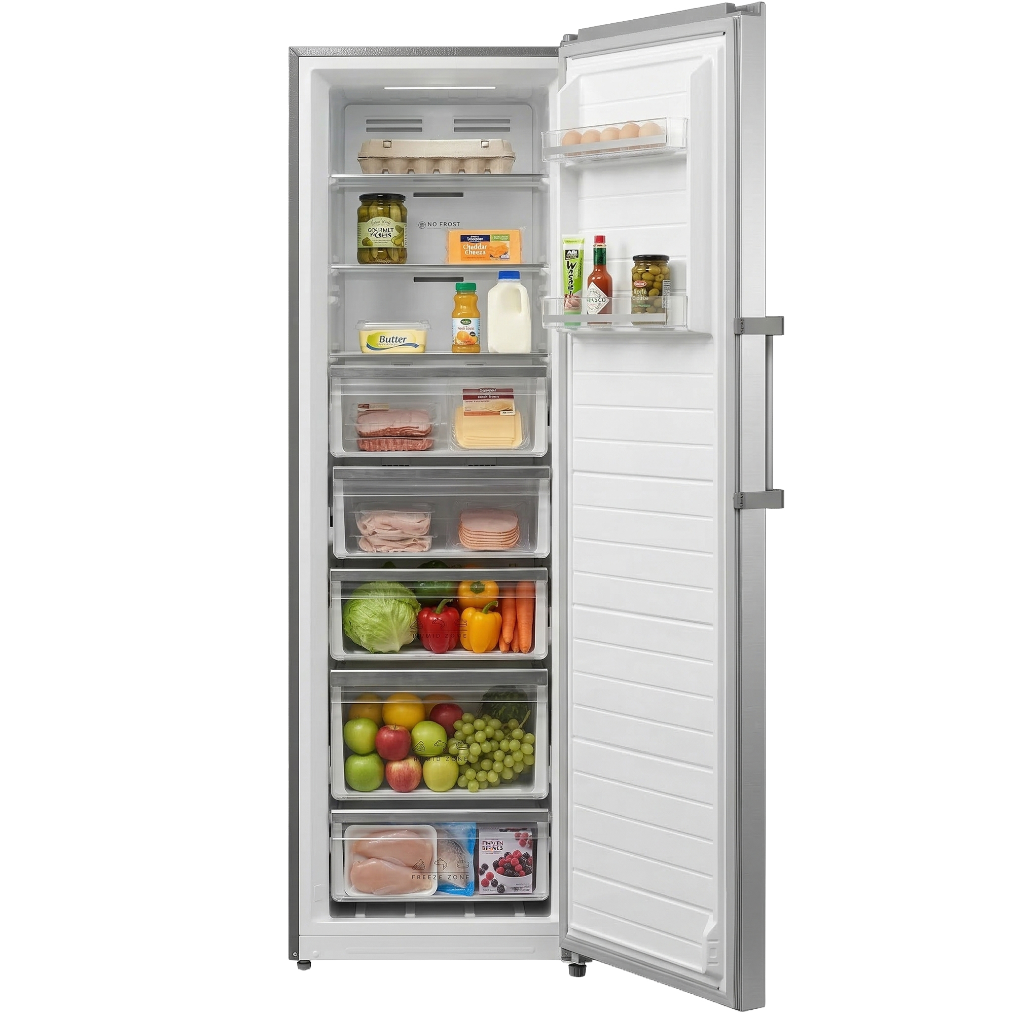 Ein offener Kühlschrank mit Lebensmitteln wie Eiern, Gurken, Butter, Käse, Fleisch, Gemüse und Obst.