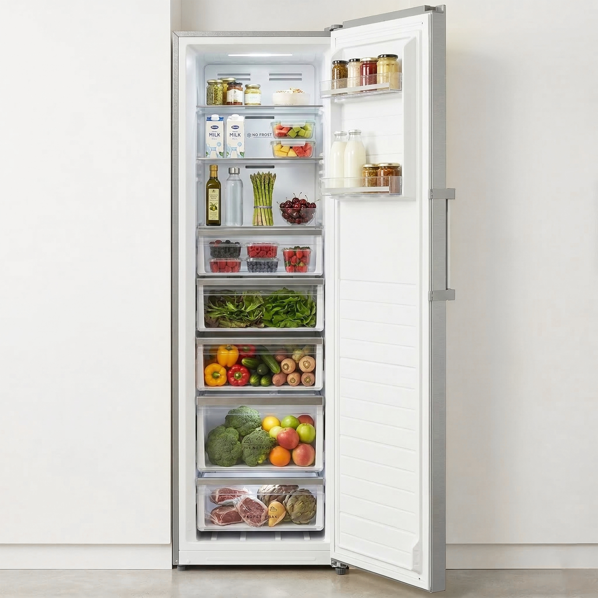 Offener Kühlschrank voller Lebensmittel: Obst, Gemüse, Milch, Öl, Fleisch.