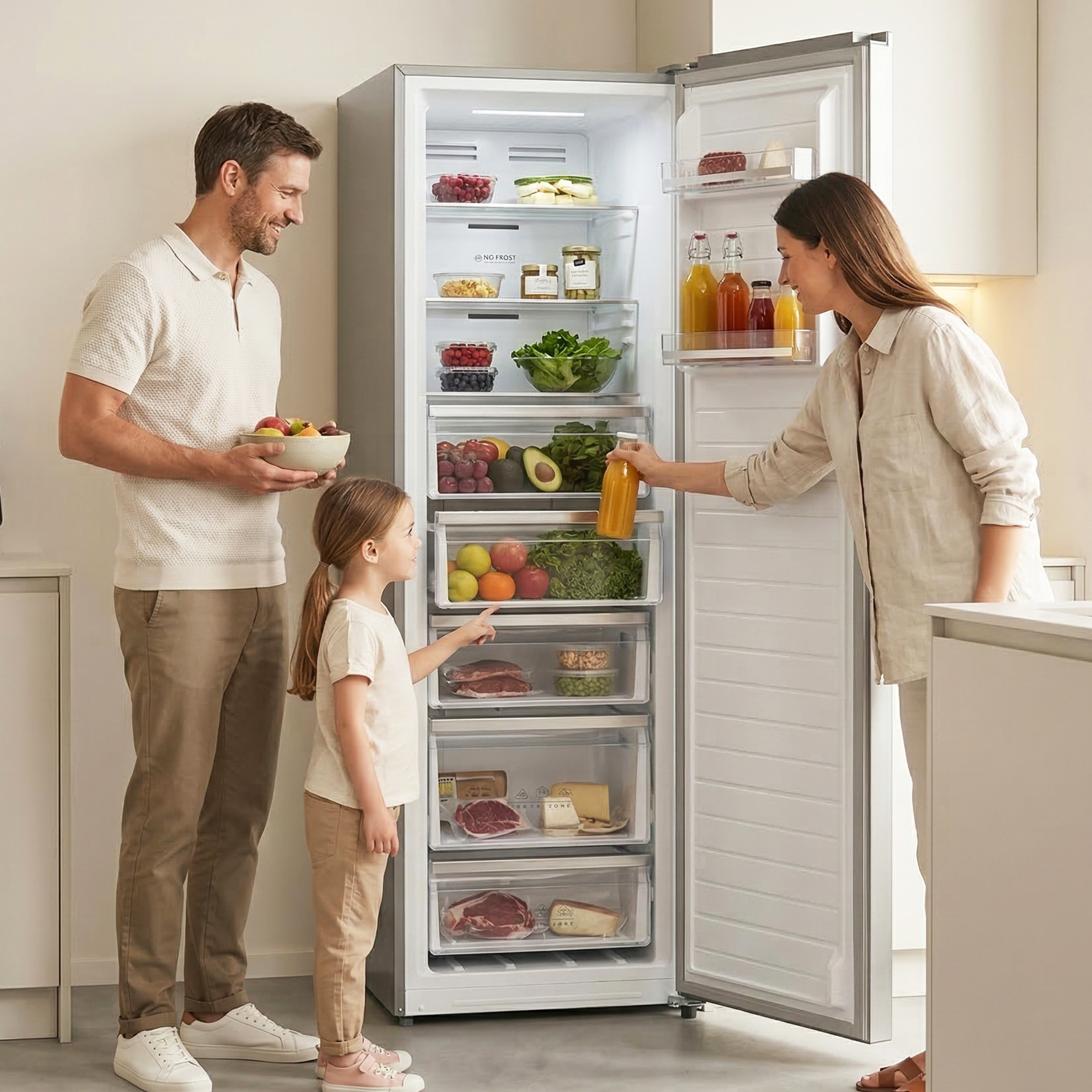 Eine Familie steht vor einem offenen Kühlschrank mit Lebensmitteln.