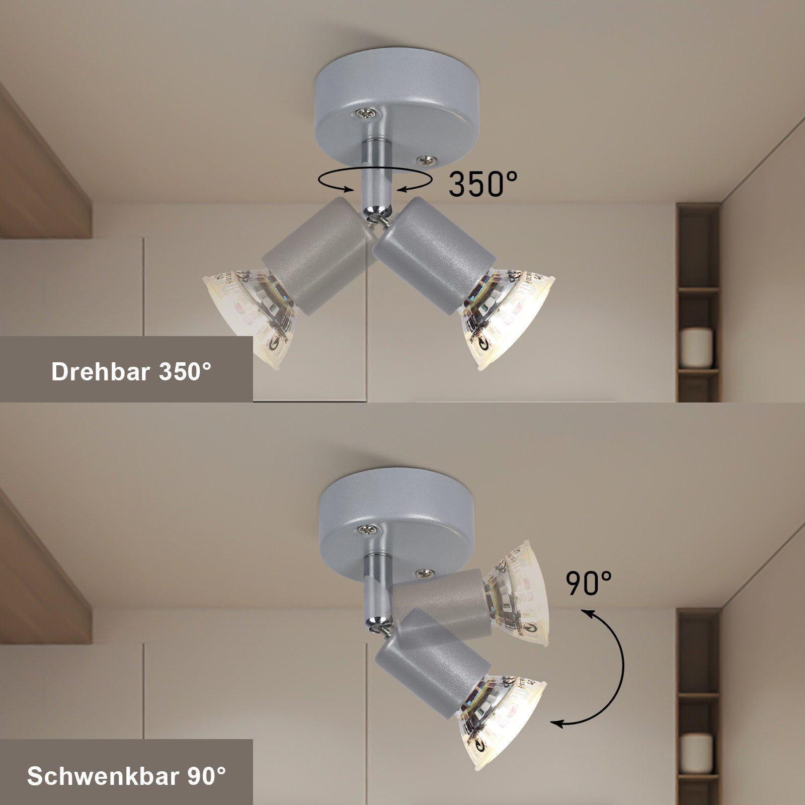 Dwa obrotowe reflektory na suficie, jeden obracany o 350°, drugi uchylny o 90°.