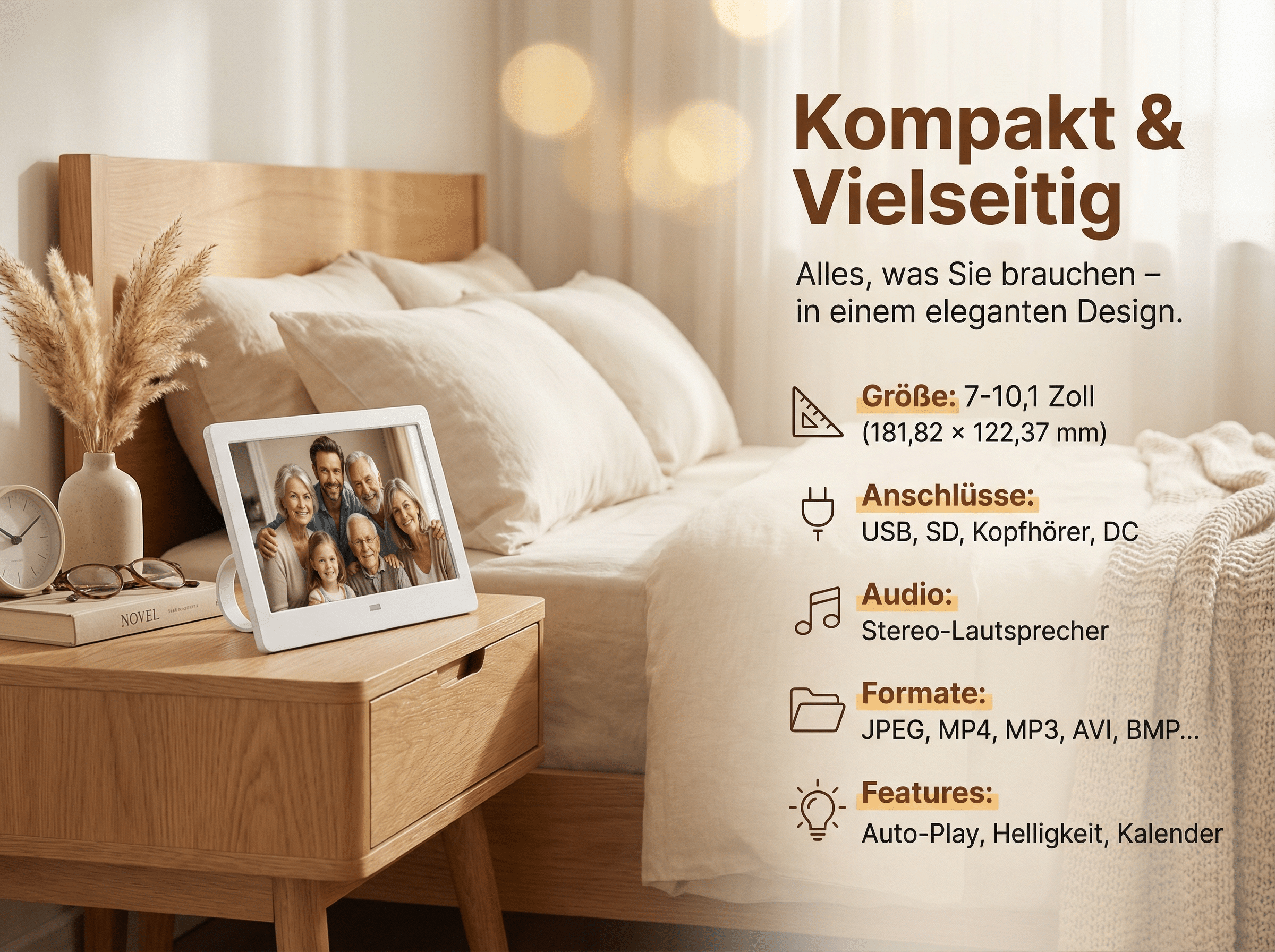 Digitaler Bilderrahmen mit Familie auf einem Nachttisch neben einem Bett.
