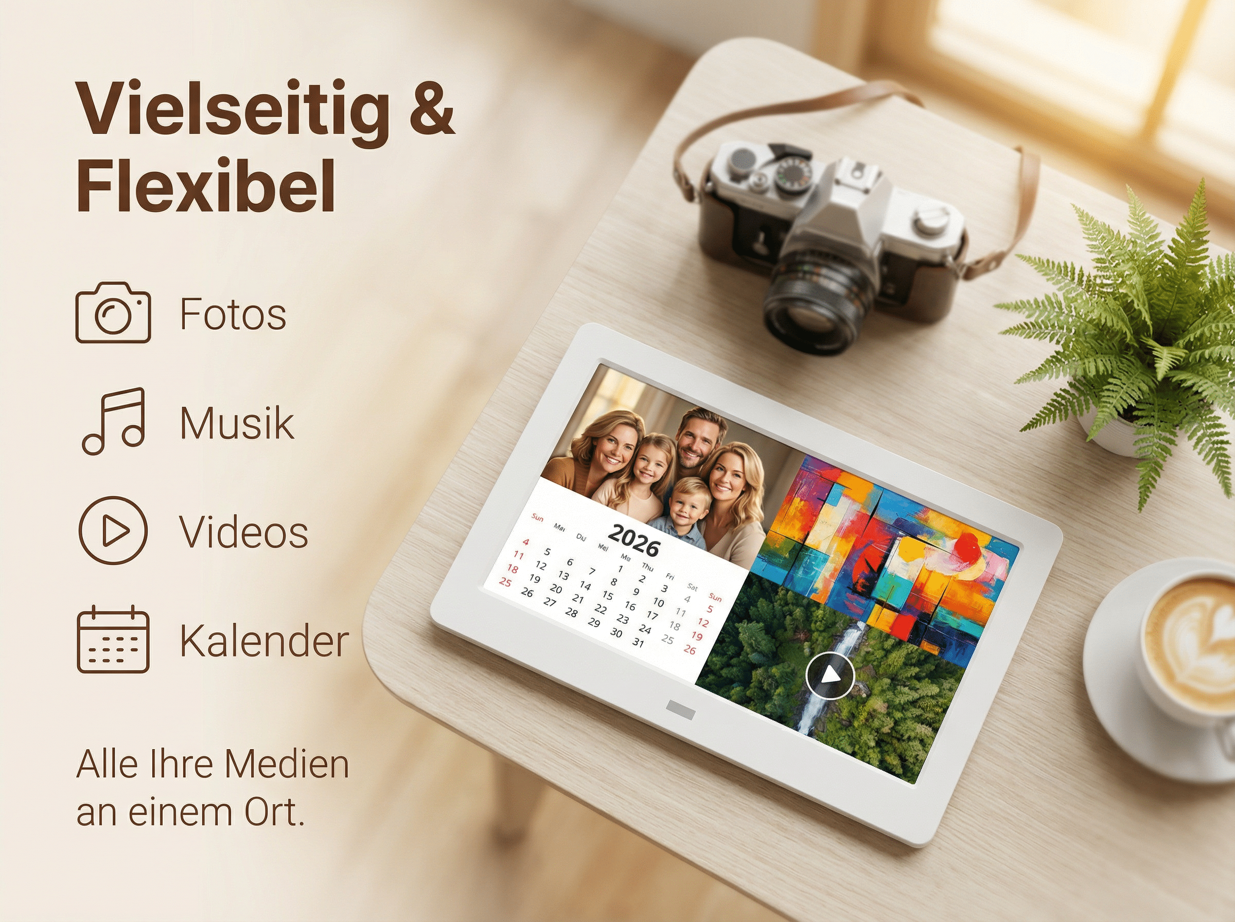 Ein Tablet mit Familienfoto und Kalender neben einer Kamera, Pflanze und Kaffee.