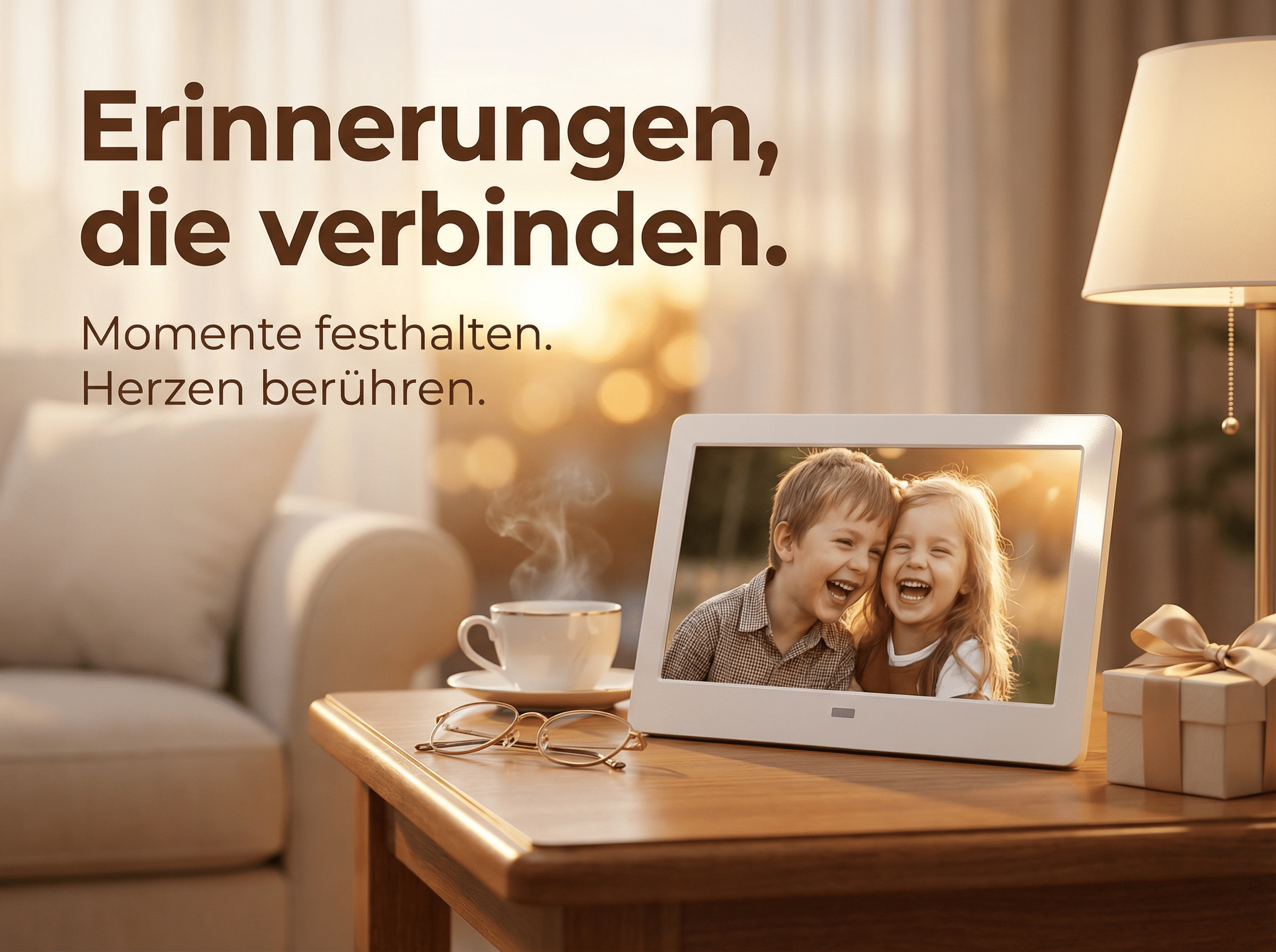 Digitale Bilderrahmen zeigt lachende Kinder, daneben Tasse und Geschenk.