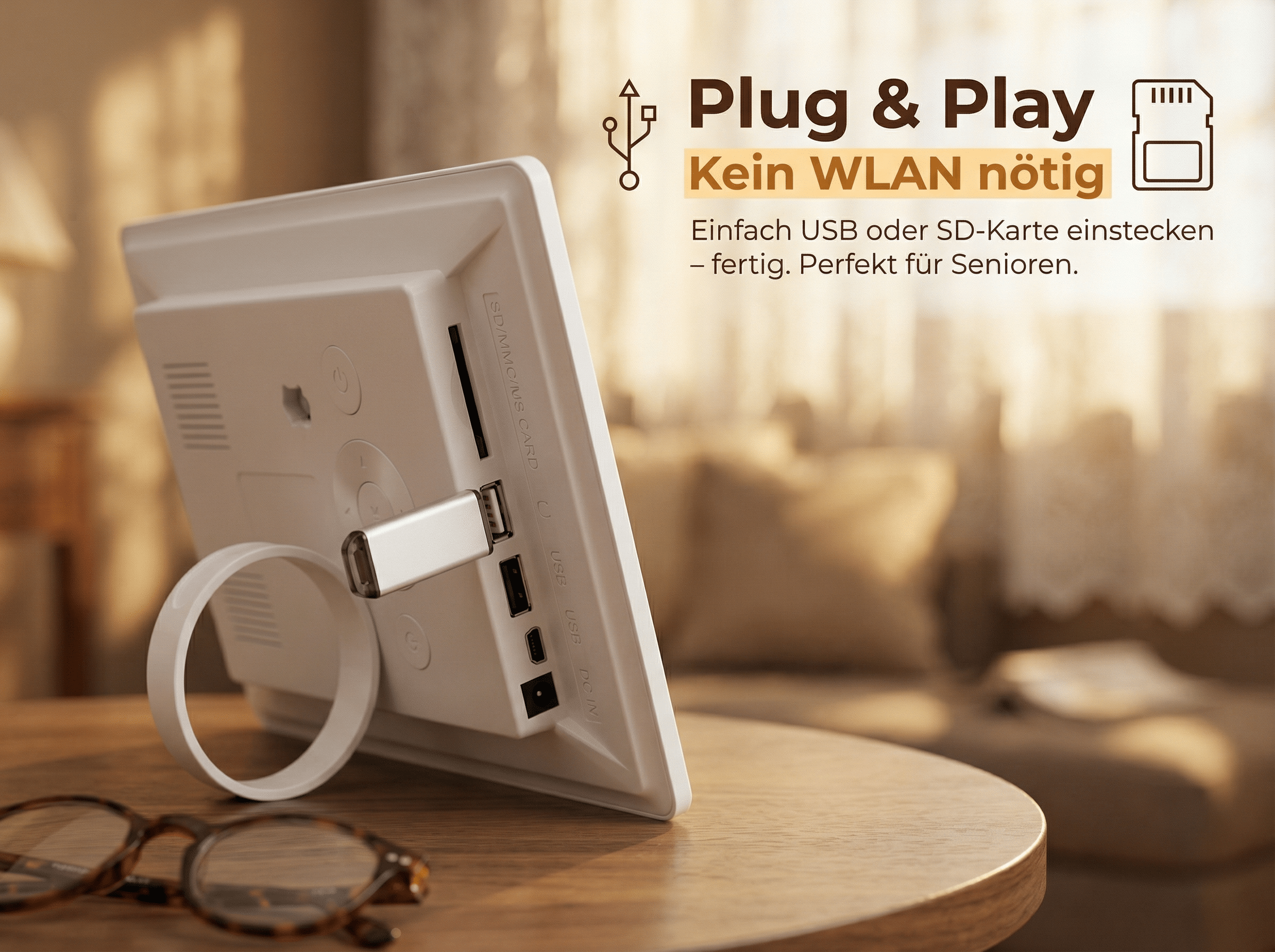 Ein weißes Digitalfotorahmen mit USB und SD-Kartensteckplatz, steht auf einem Tisch.