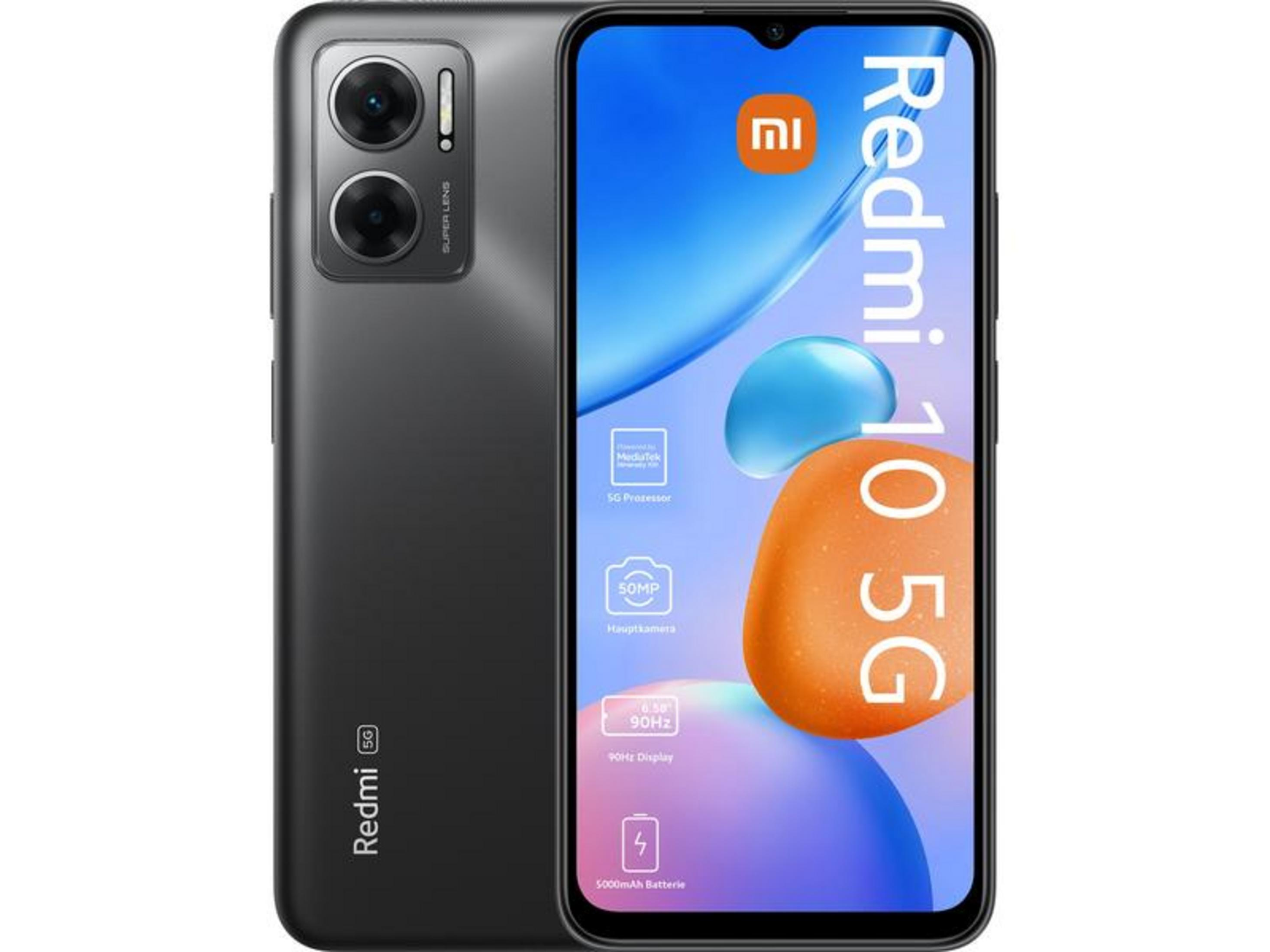 Szary smartfon Redmi 10 5G z podwójnym aparatem i niebiesko-pomarańczowym tłem.