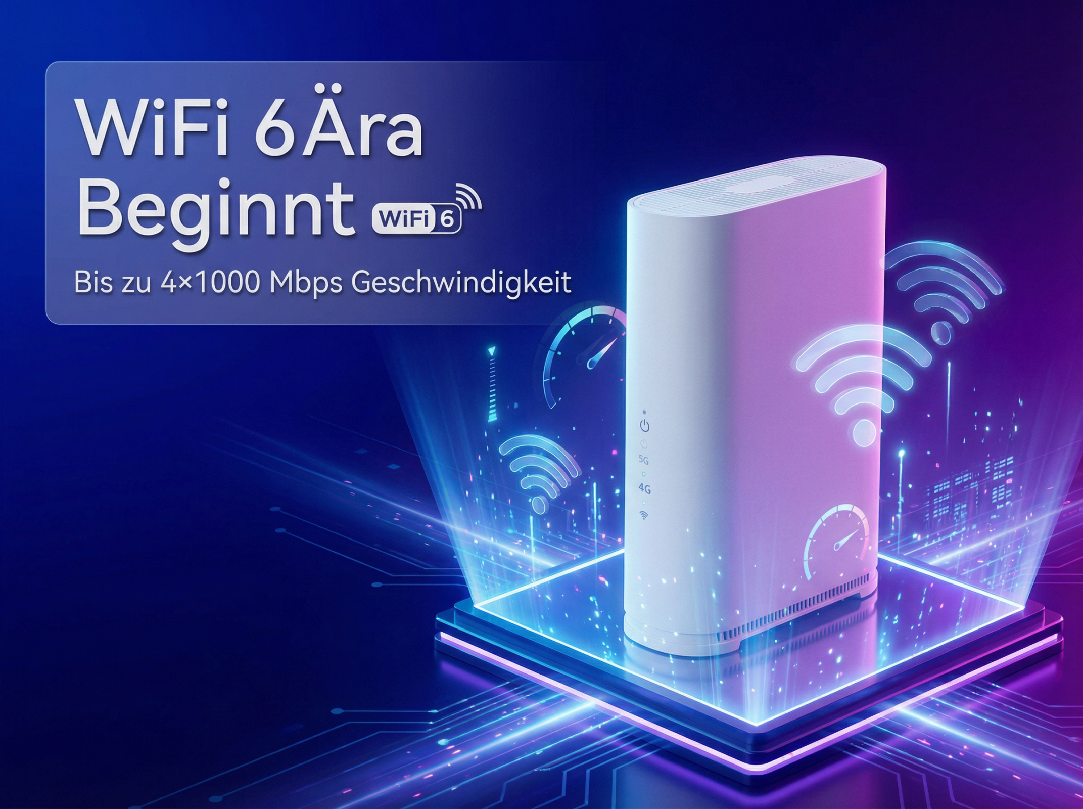 Ein weißer WiFi 6 Router auf einer leuchtenden Plattform mit digitalen Netzwerken.