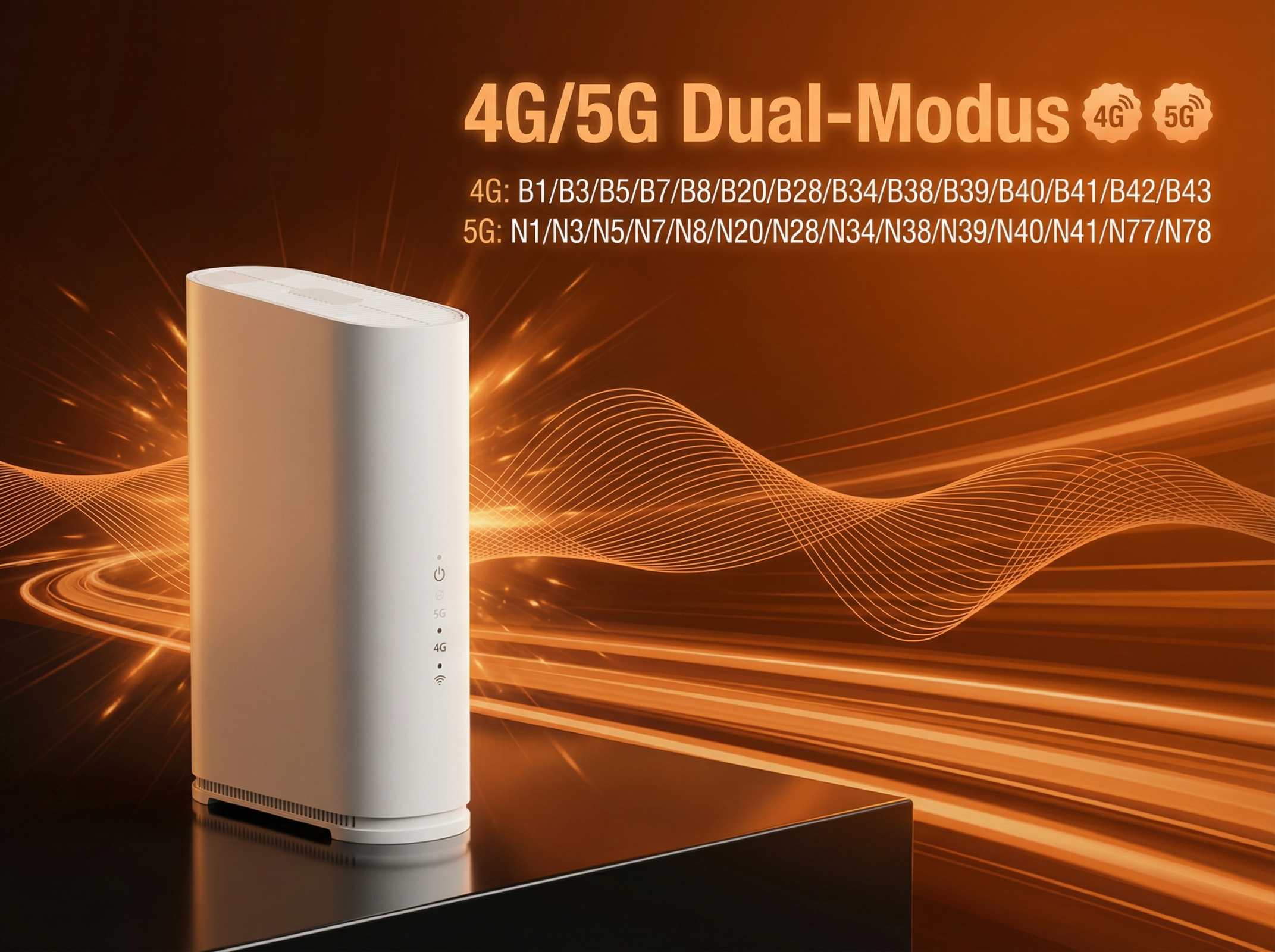 Ein weißer 4G/5G-Router steht auf einem dunklen Tisch vor einem orangefarbenen Hintergrund mit Lichteffekten.