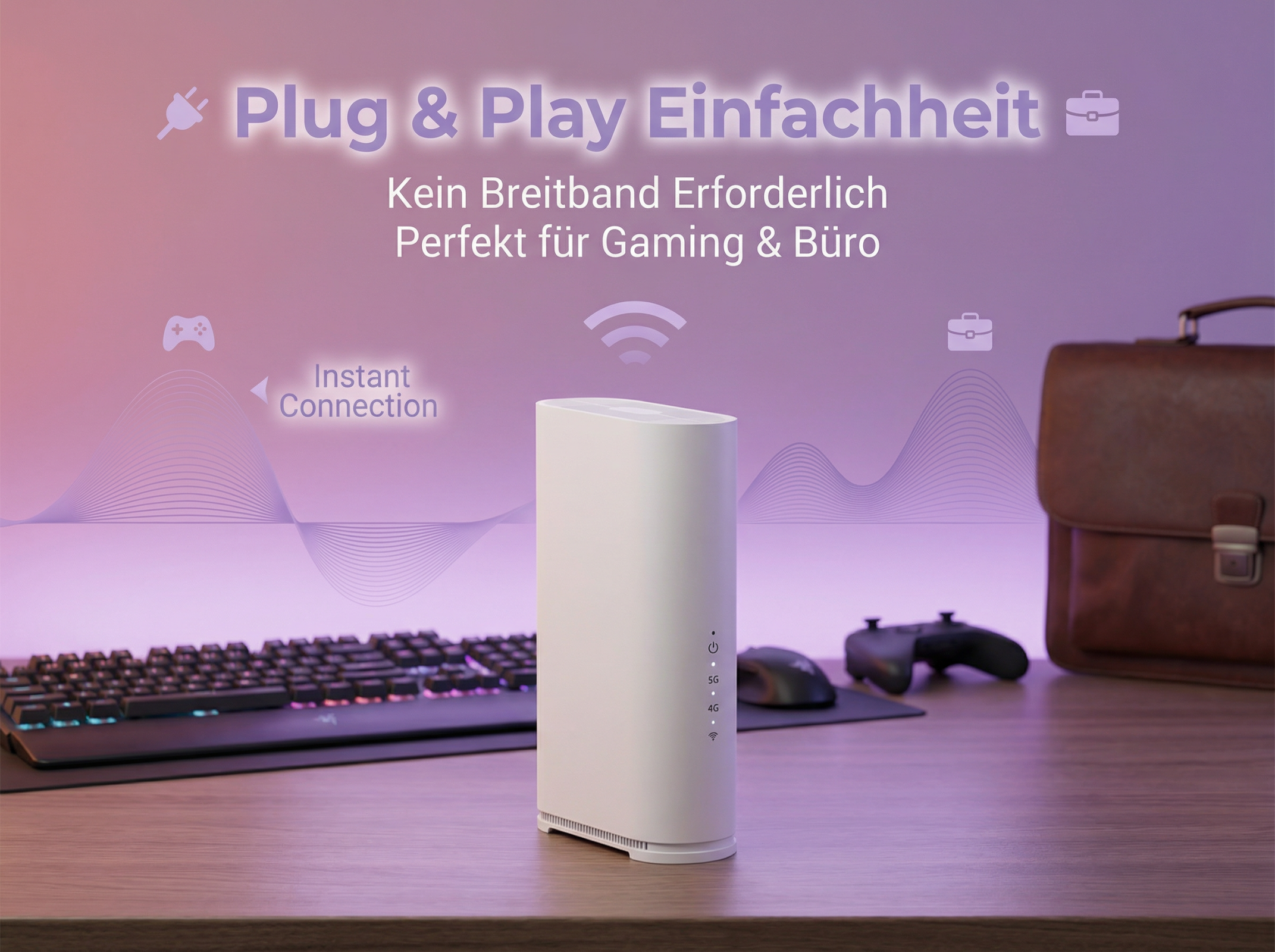 Ein weißer Router steht auf einem Schreibtisch mit Tastatur, Maus, Controller und Aktentasche.