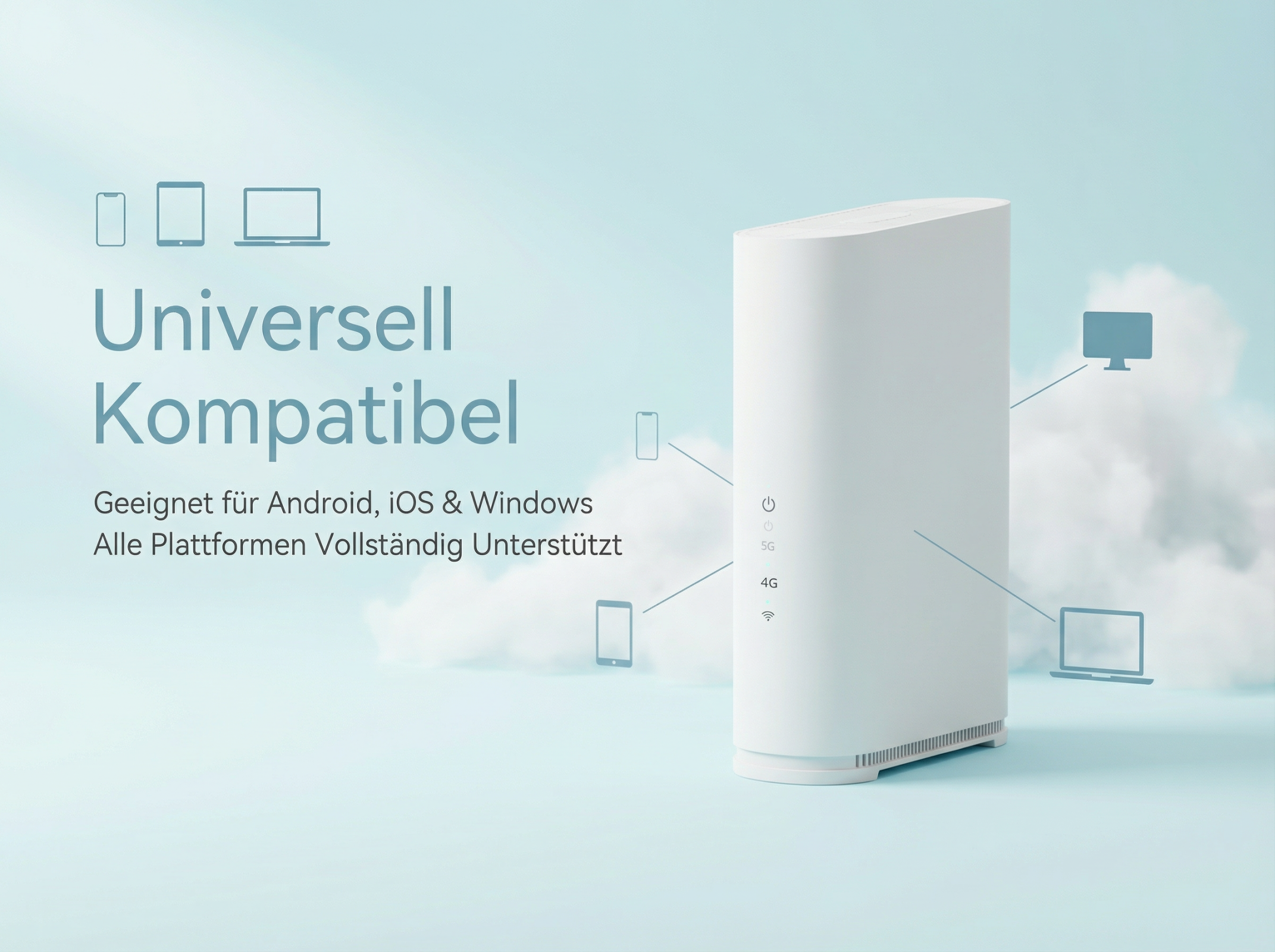 Ein weißer Router mit Symbolen für Geräte und Text über universelle Kompatibilität.