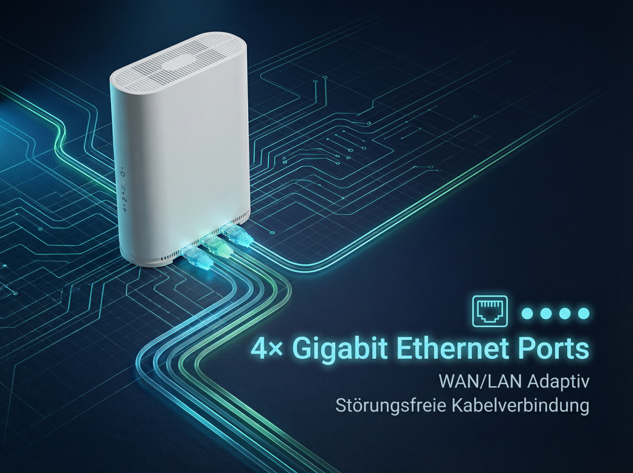 Ein weißer Router mit vier Gigabit-Ethernet-Anschlüssen und leuchtenden Kabeln.