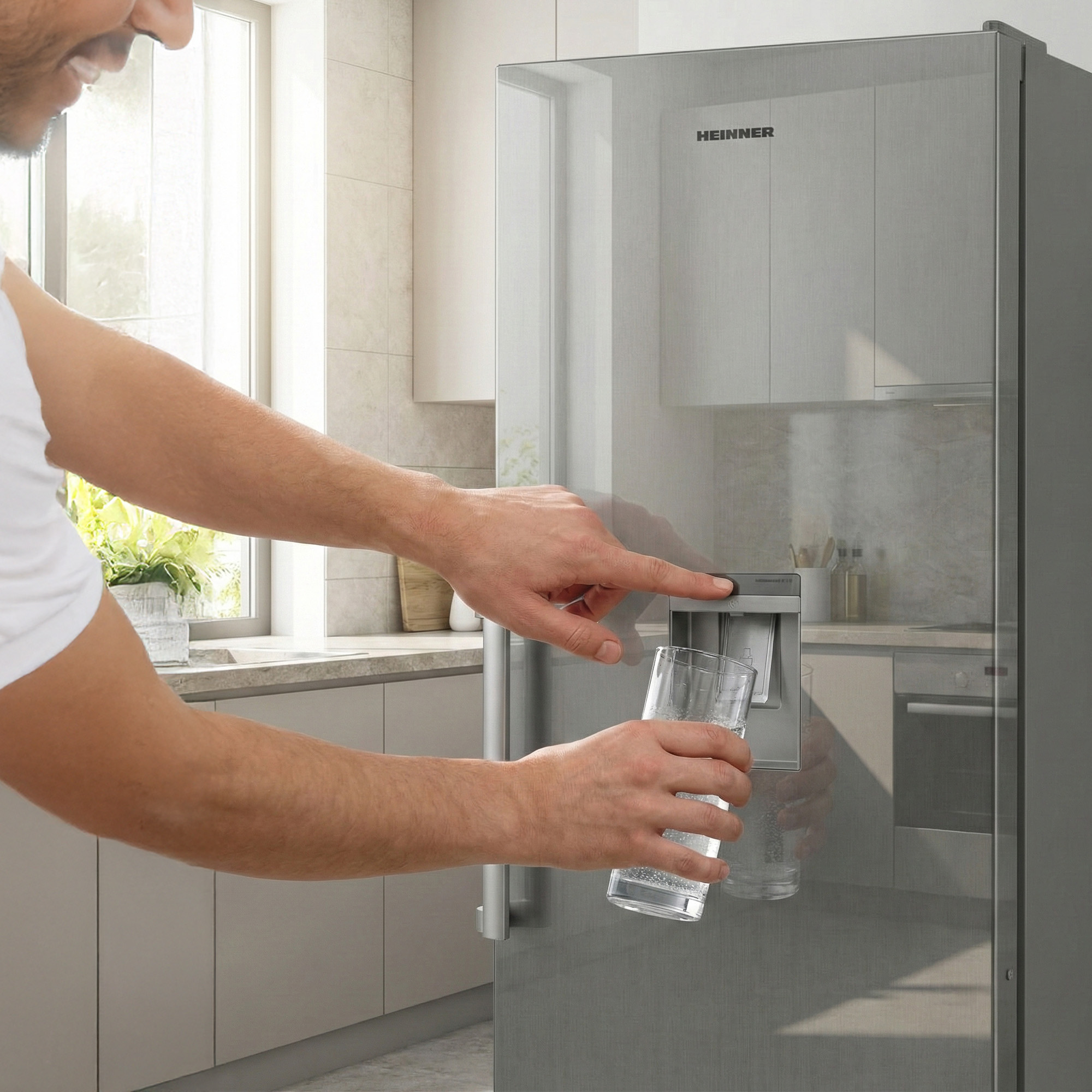 Un homme remplit un verre d'eau du distributeur du réfrigérateur dans une cuisine moderne.