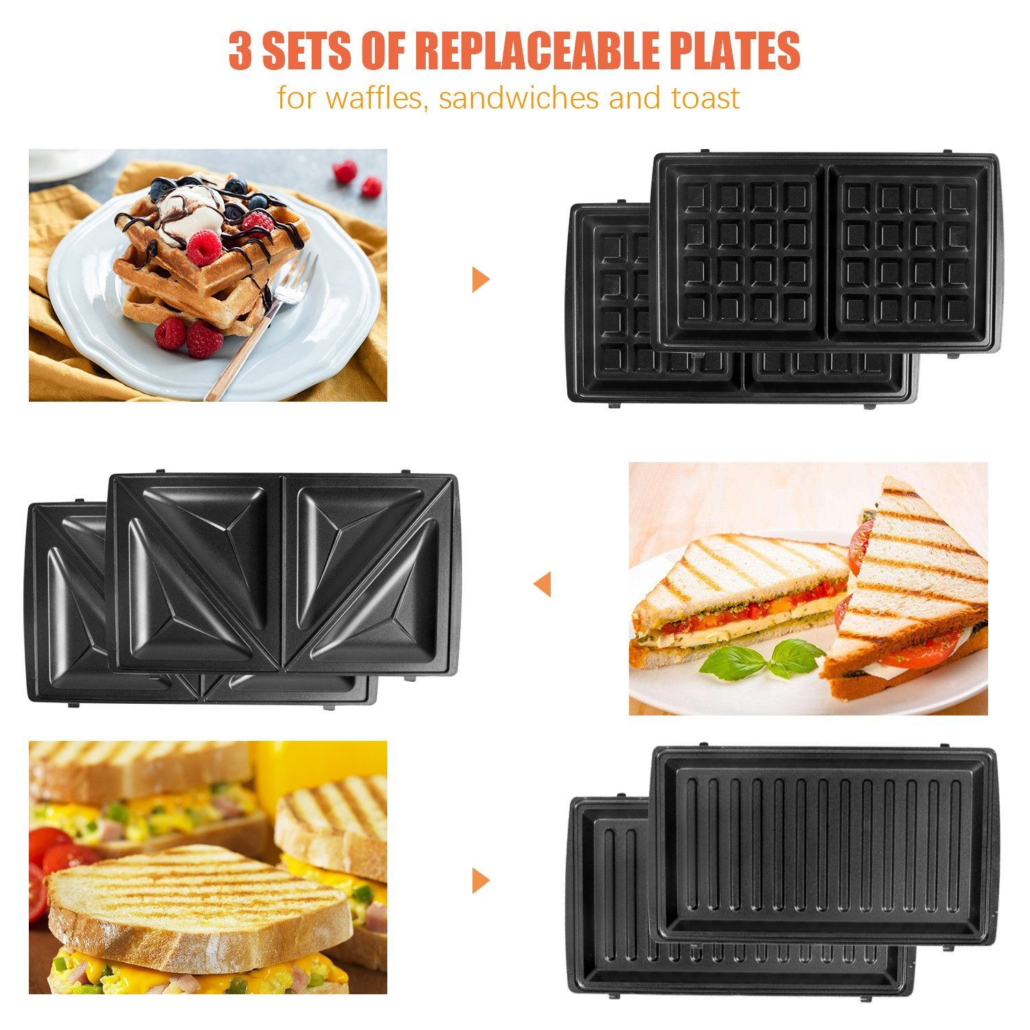 Drei Sets austauschbarer Platten für Waffeln, Sandwiches und Toast.