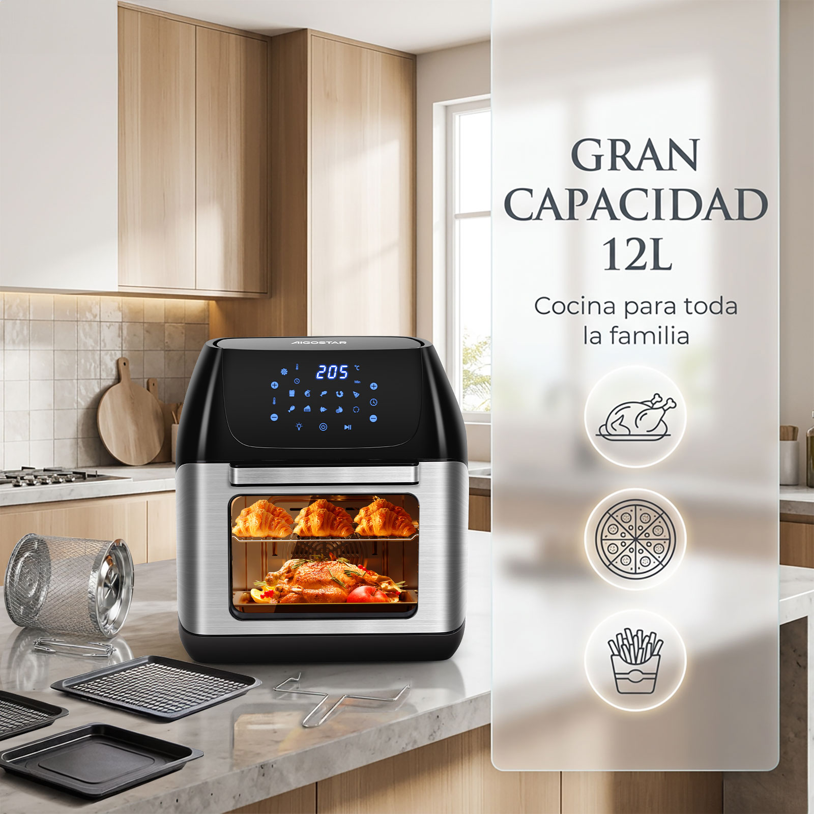 Un moderno horno freidora de aire plateado y negro con pollo asado y croissants dentro.