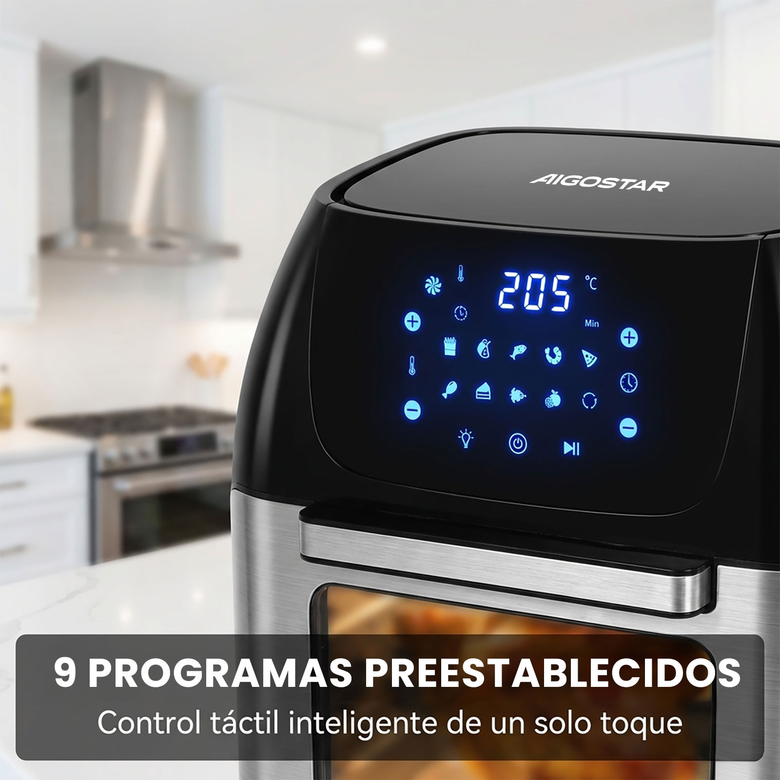 Freidora de aire con pantalla digital que muestra 205°C. Fondo de cocina.