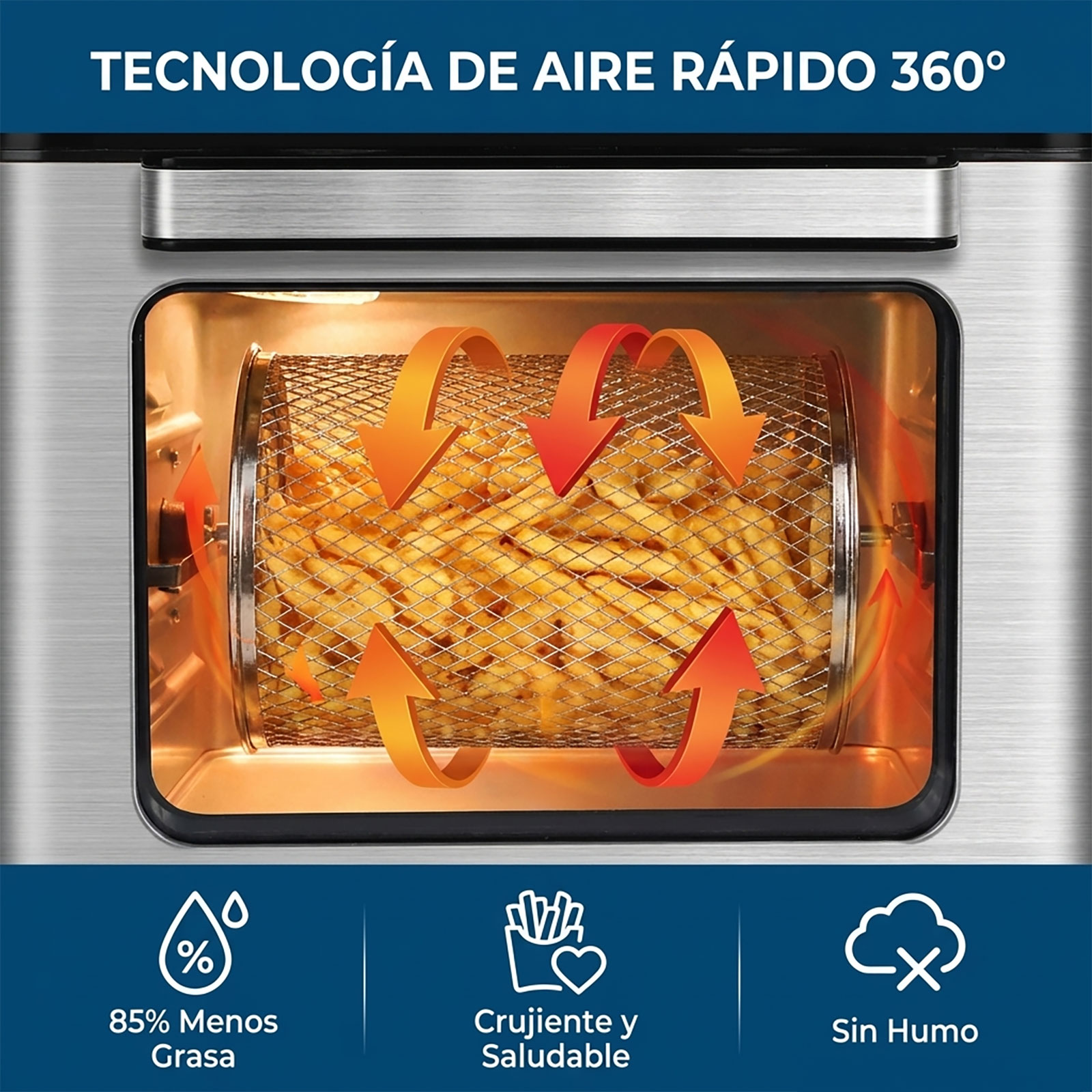 Papas fritas en una canasta giratoria dentro de una freidora de aire, con flechas.