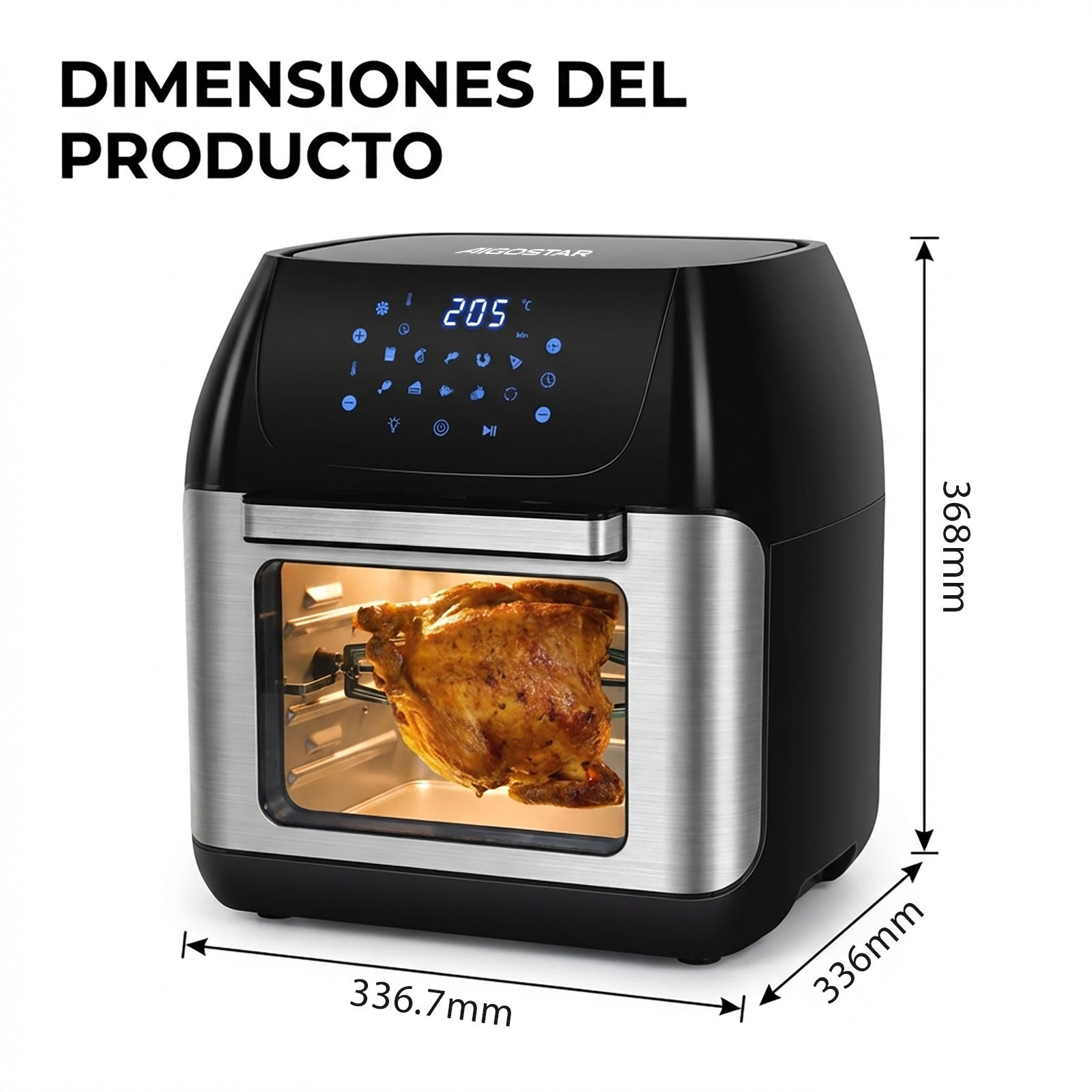 Un horno freidora de aire negro con un pollo dentro. Se muestran las dimensiones.