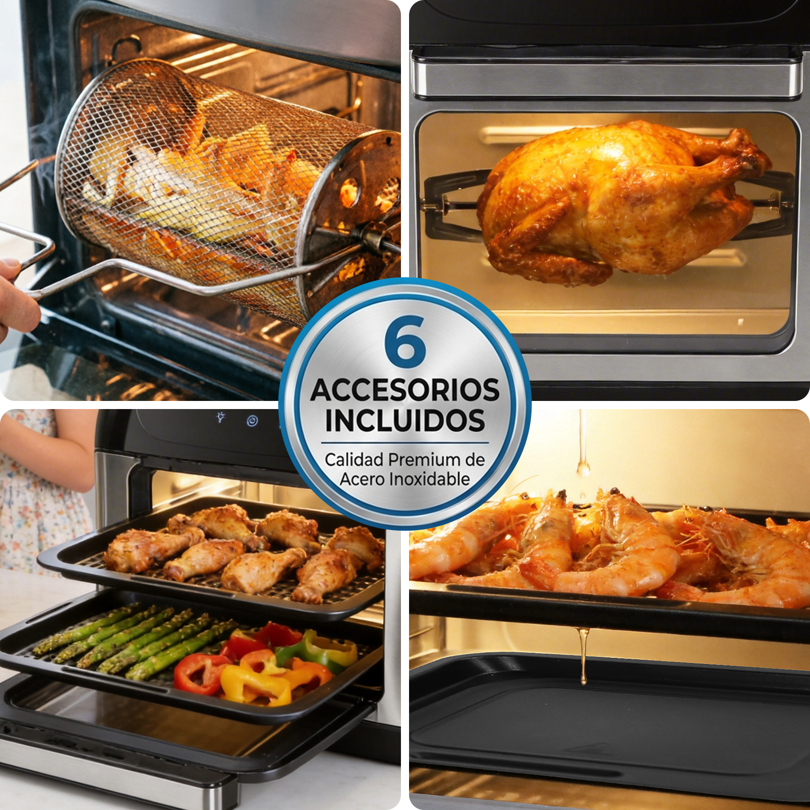 Electrodoméstico con pollo, camarones, papas y verduras. Icono accesorios.
