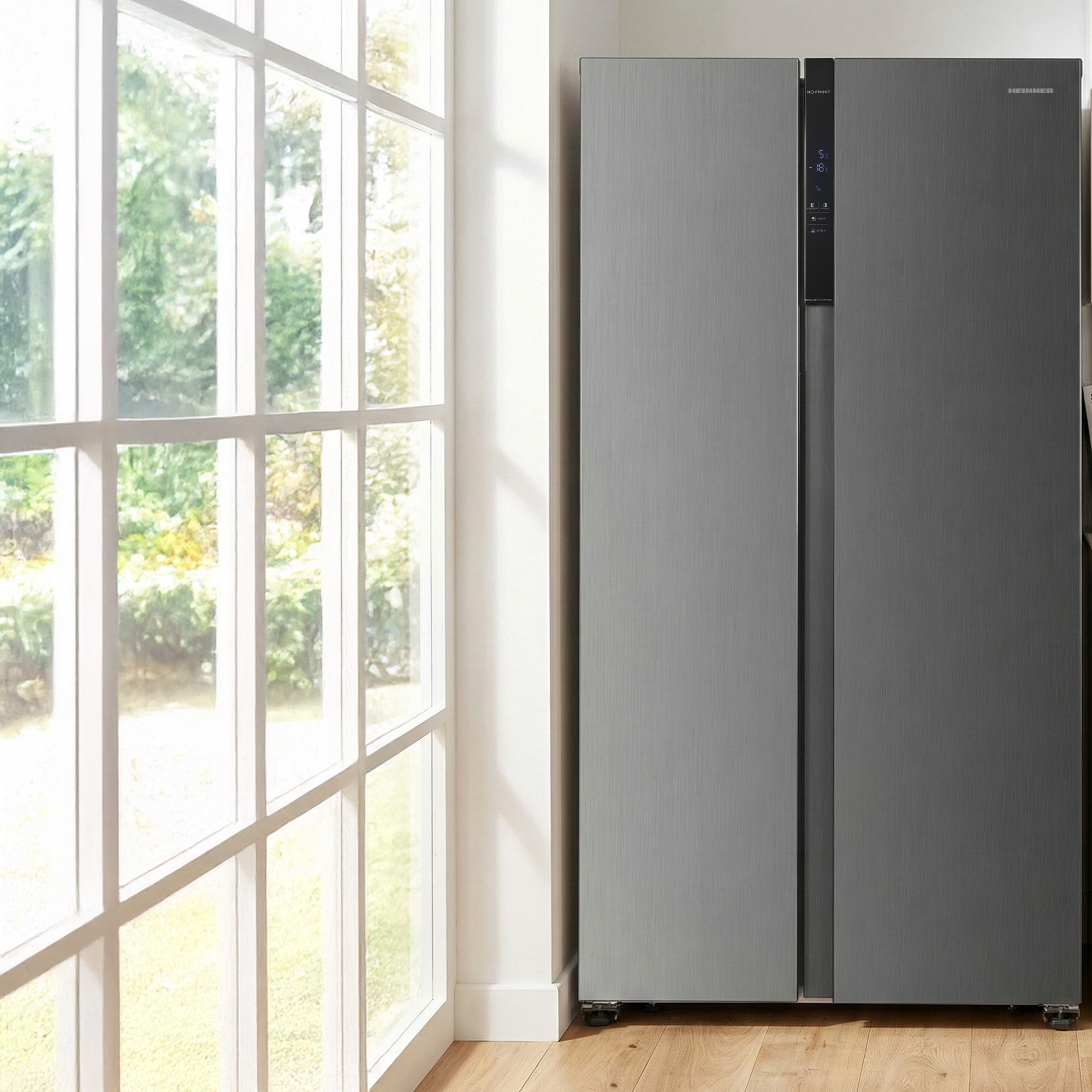 A silver, double-door refrigerator stands beside a large window overlooking green trees.