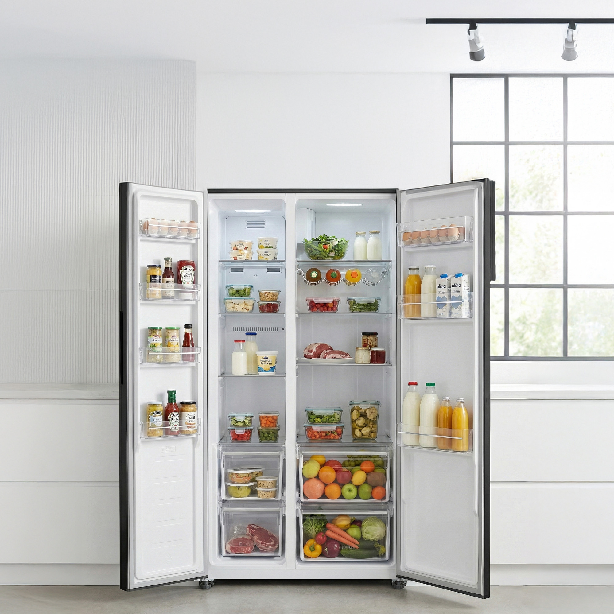 Open refrigerator stocked with food items like eggs, milk, fruits, and vegetables.