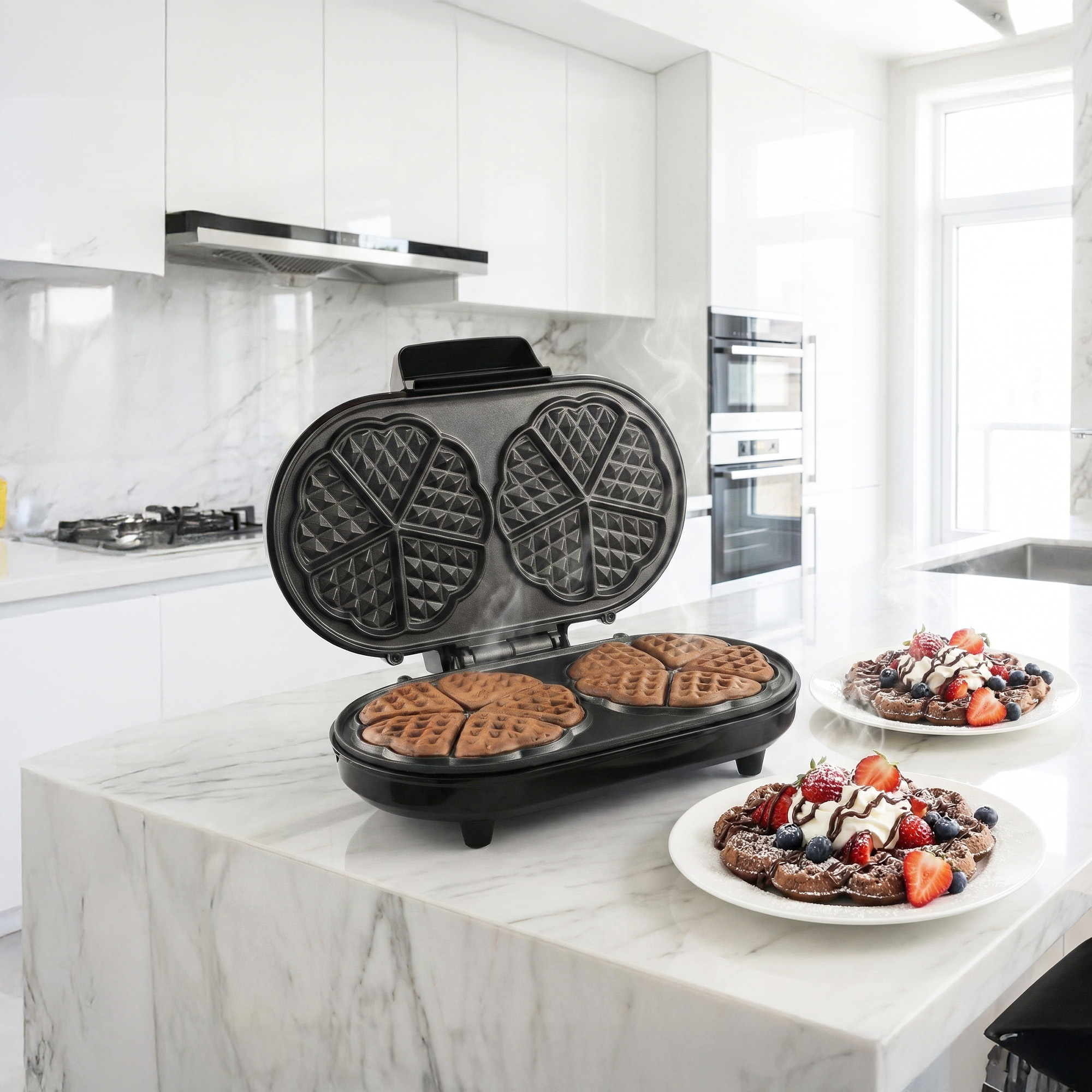A waffle maker with two cooked waffles and one on a plate with fruit.