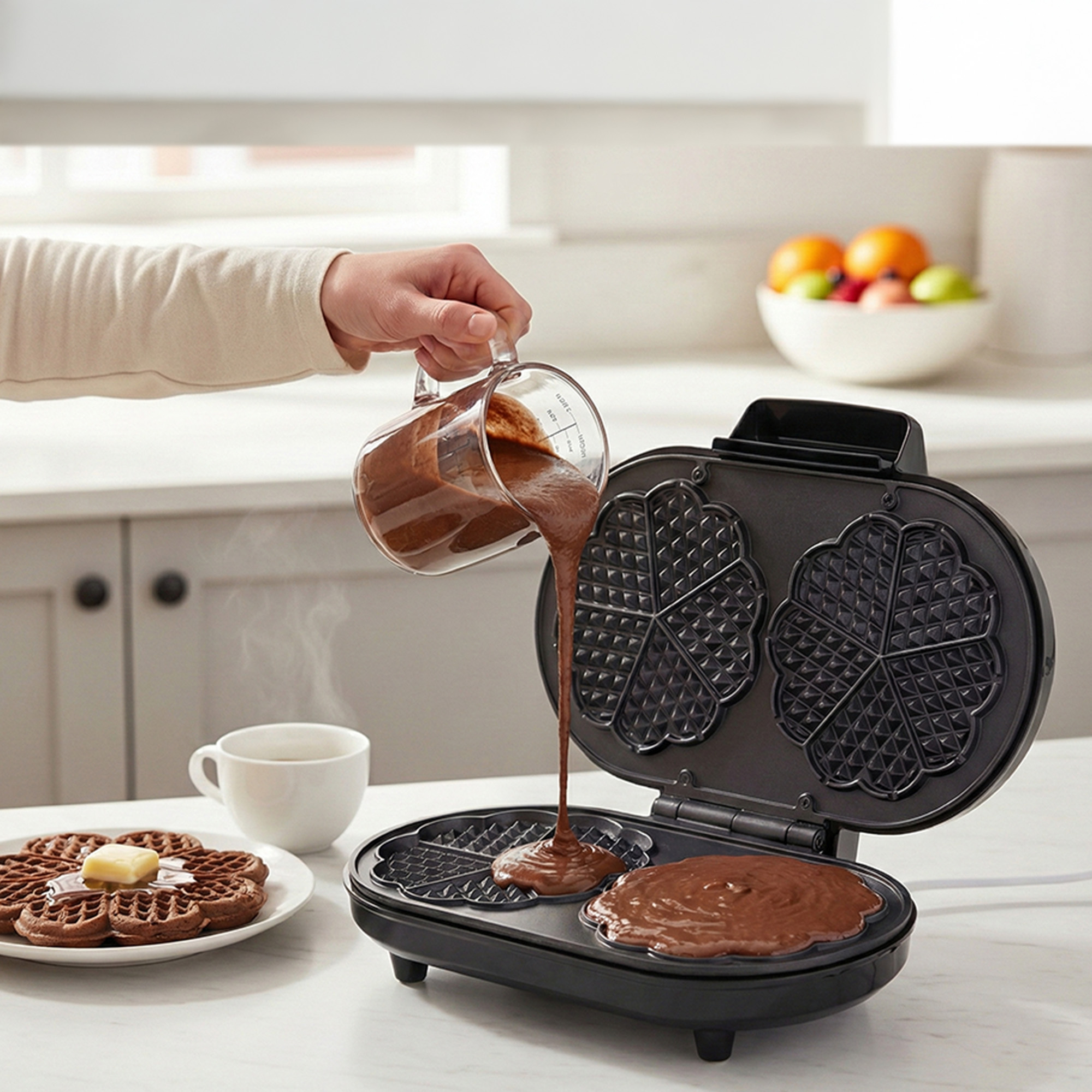 Chocolate batter being poured into a waffle maker. A stack of finished waffles nearby.
