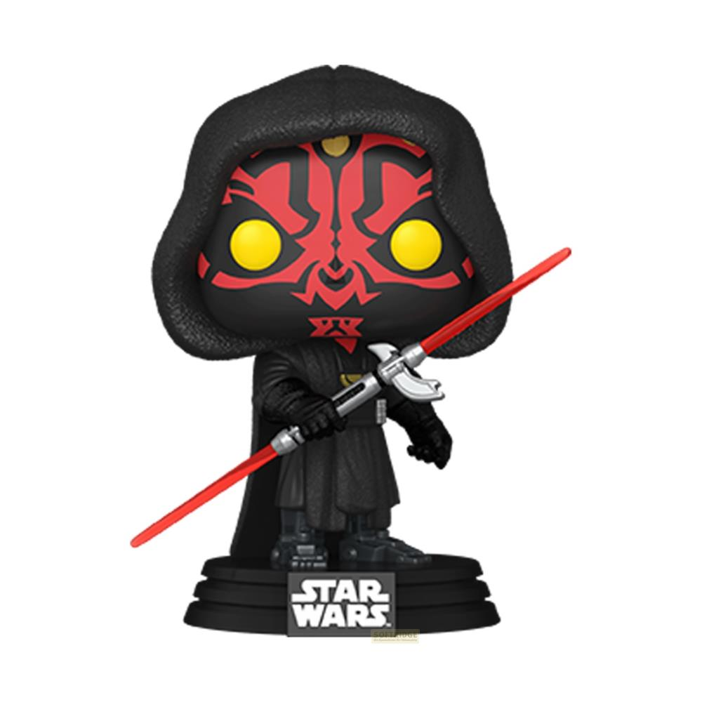 Action figure Funko Pop di Darth Maul con spada laser rossa su base.