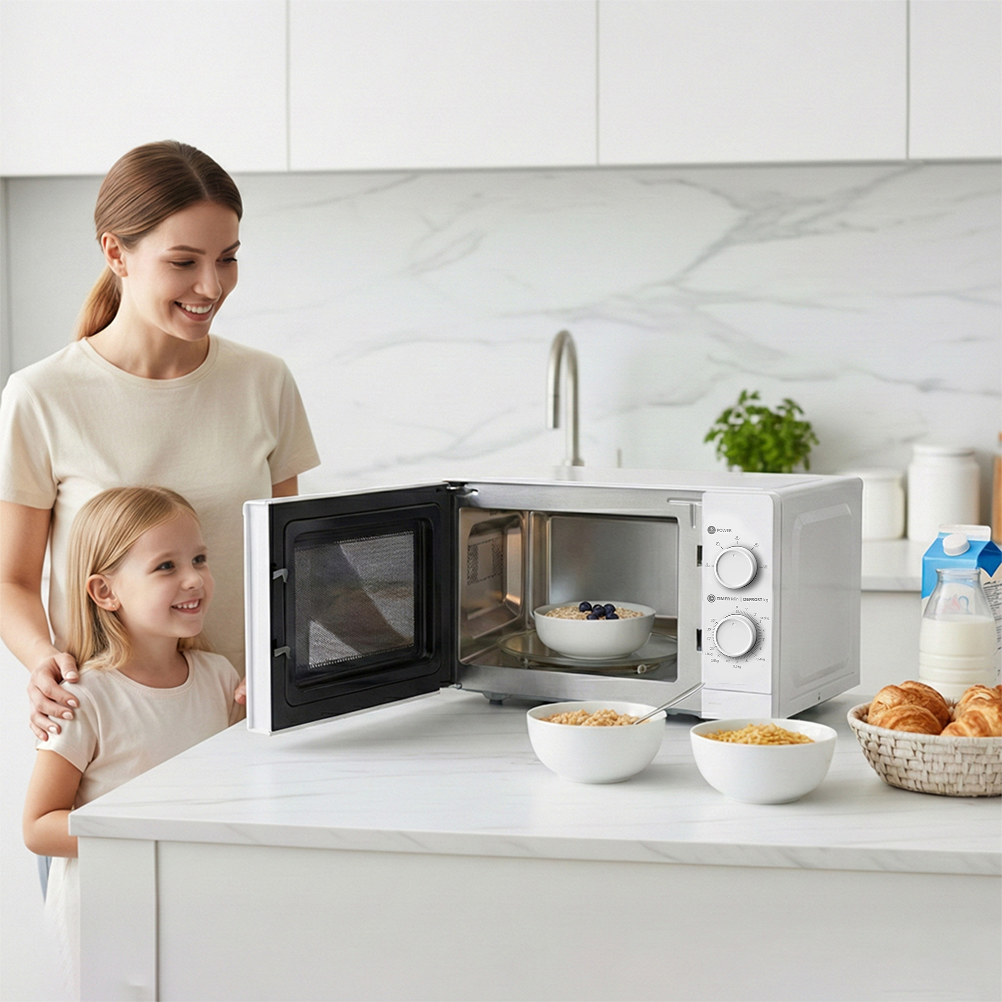 Mother and child look at an open microwave with cereal and berries inside.