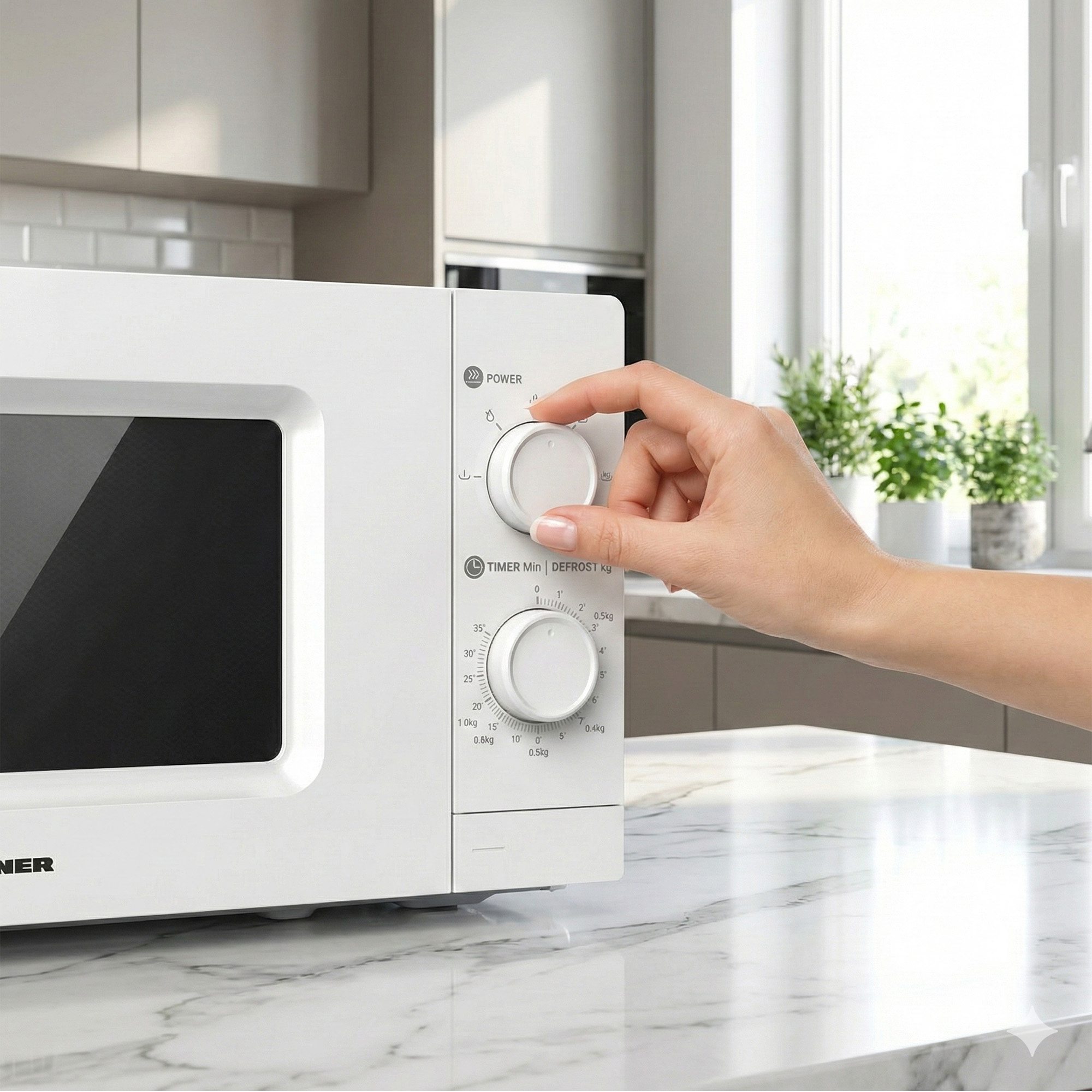 A hand turns a dial on a white microwave oven.