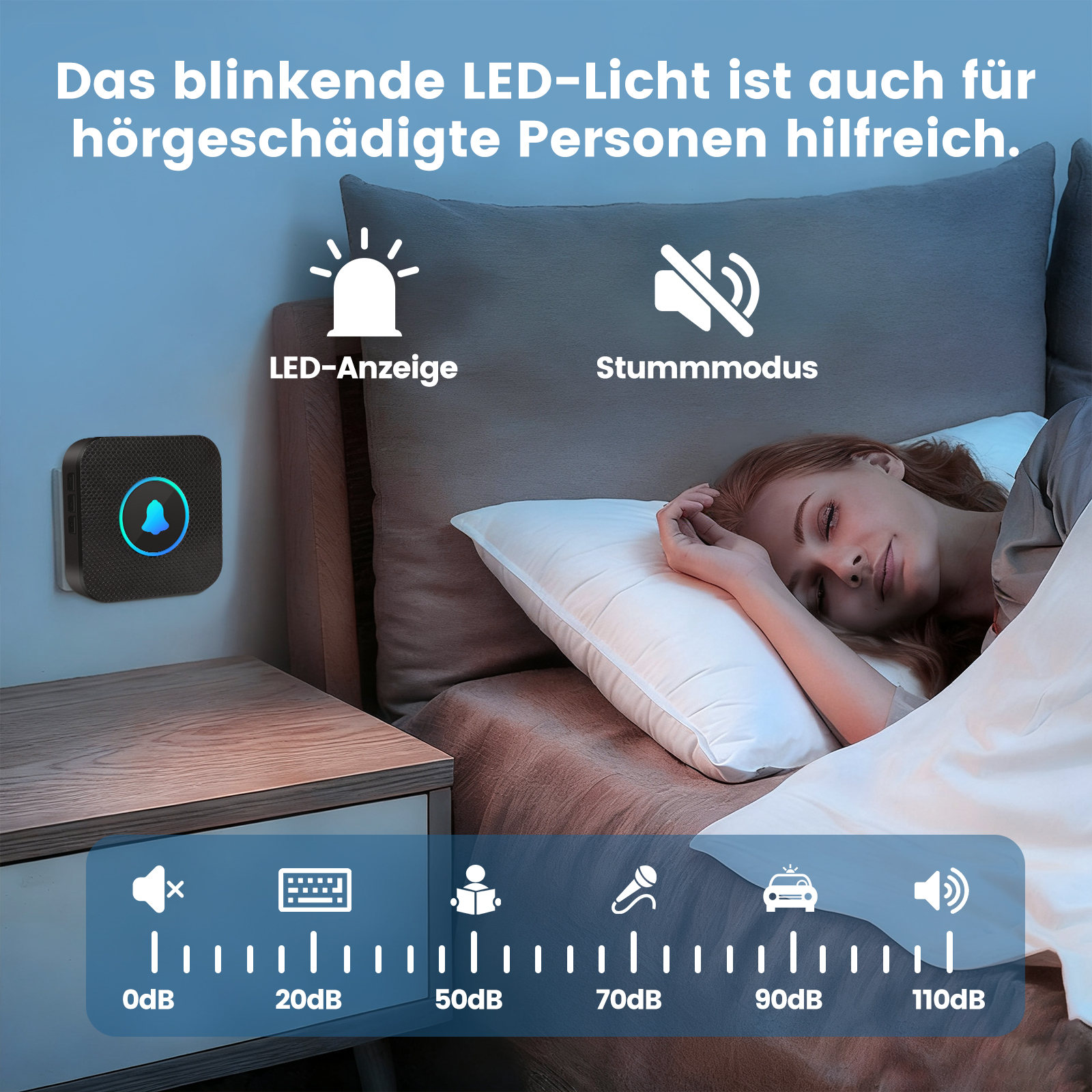Ein blinkendes Licht an der Wand und eine schlafende Frau neben einem Nachtisch.