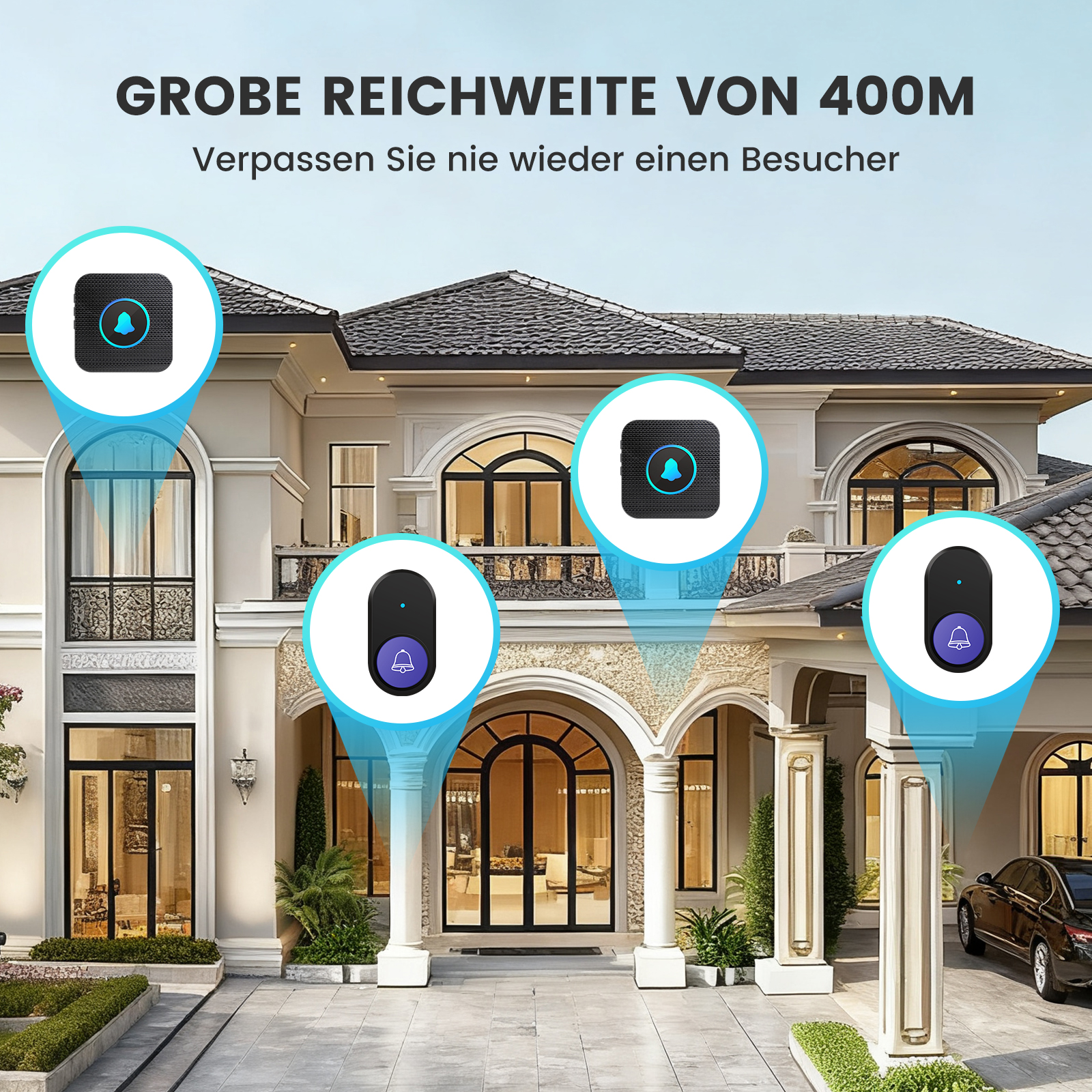 Schloss mit vier Türklingelsymbolen in Kreisen vor einer Villa.