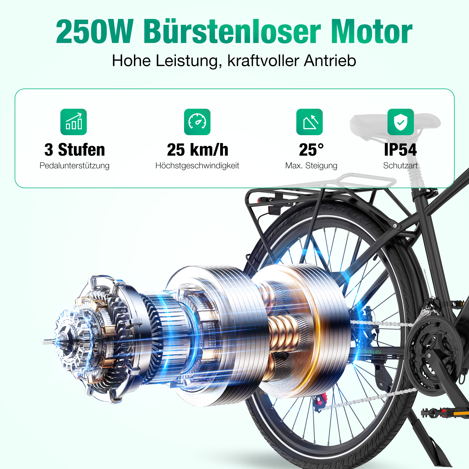 E-Bike-Motordaten: 250W, 25 km/h, 25° max. Steigung, IP54.
