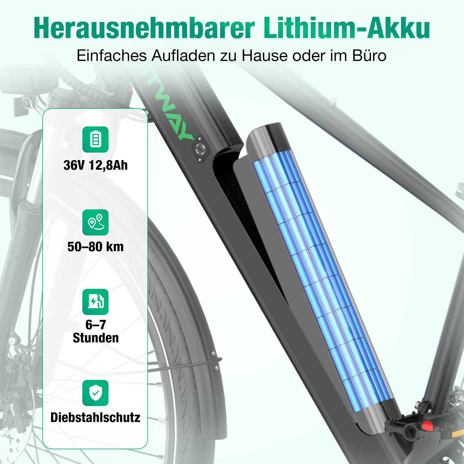 E-Bike Akku: 36V 12,8Ah, 50-80km Reichweite, 6-7h Ladezeit, Diebstahlschutz.