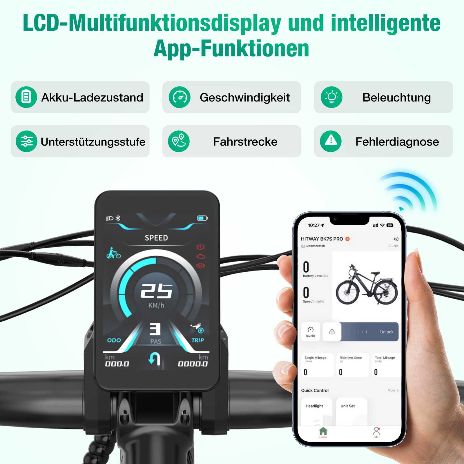 E-Bike Display zeigt 25 km/h, Akkustand, Fahrstrecke. Smartphone-App zeigt Infos.